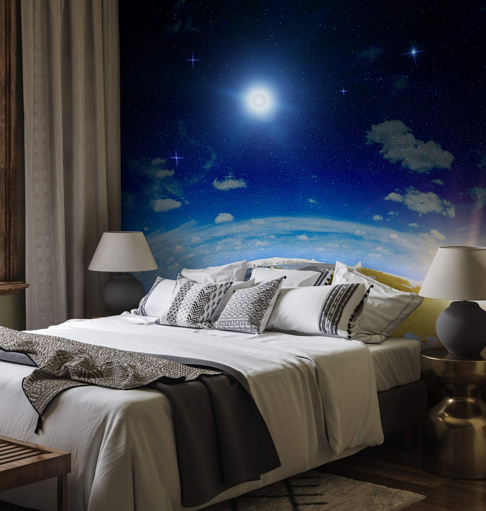 Papier peint coucher de soleil sur la terre et la lune