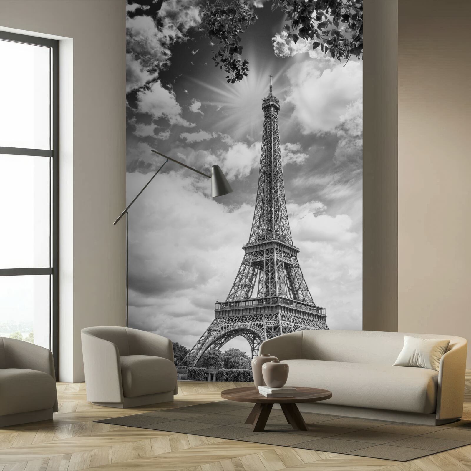 Papier peint tour eiffel en noir et blanc au soleil
