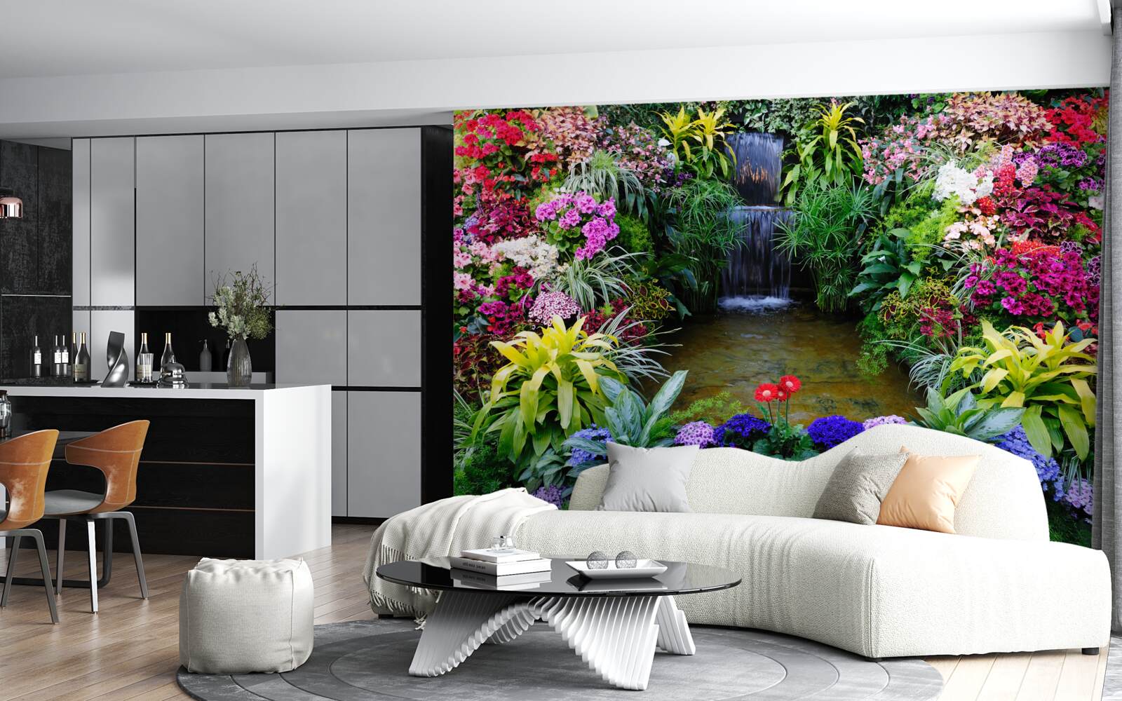 Papier peint fleurs tropicales près d'une cascade de montagne