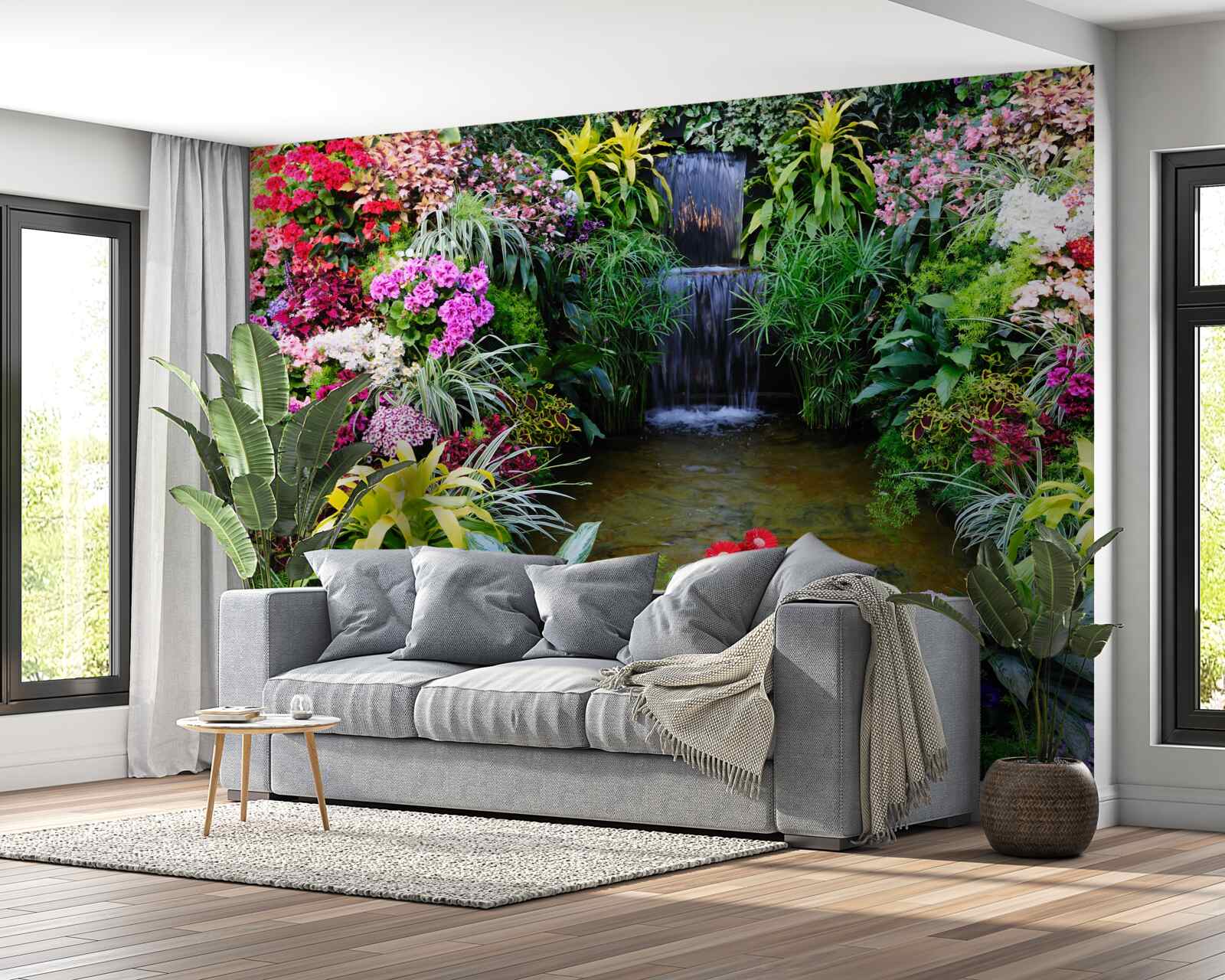 Papier peint fleurs tropicales près d'une cascade de montagne