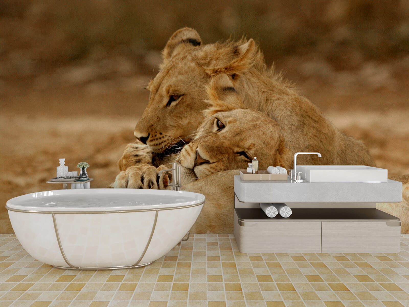 Papier peint une famille de lions s'est installée sur une surface sablonneuse