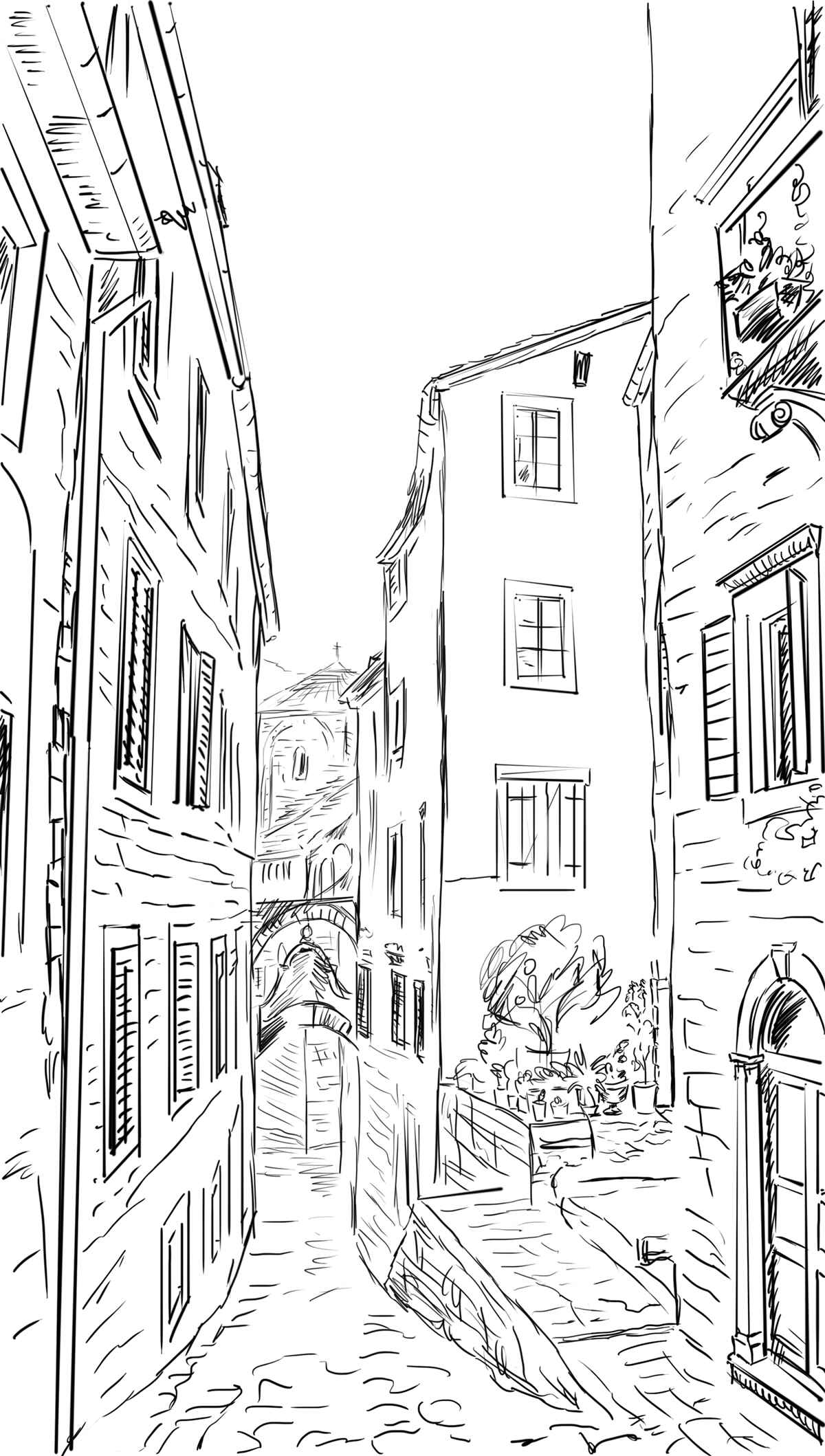 Papier peint dessin au crayon d'une ville ancienne