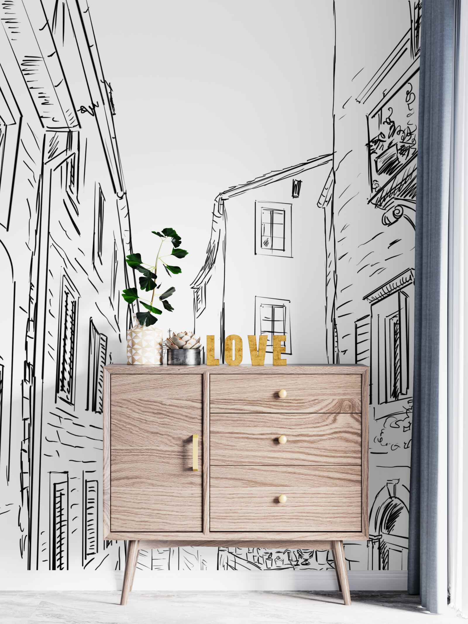 Papier peint dessin au crayon d'une ville ancienne