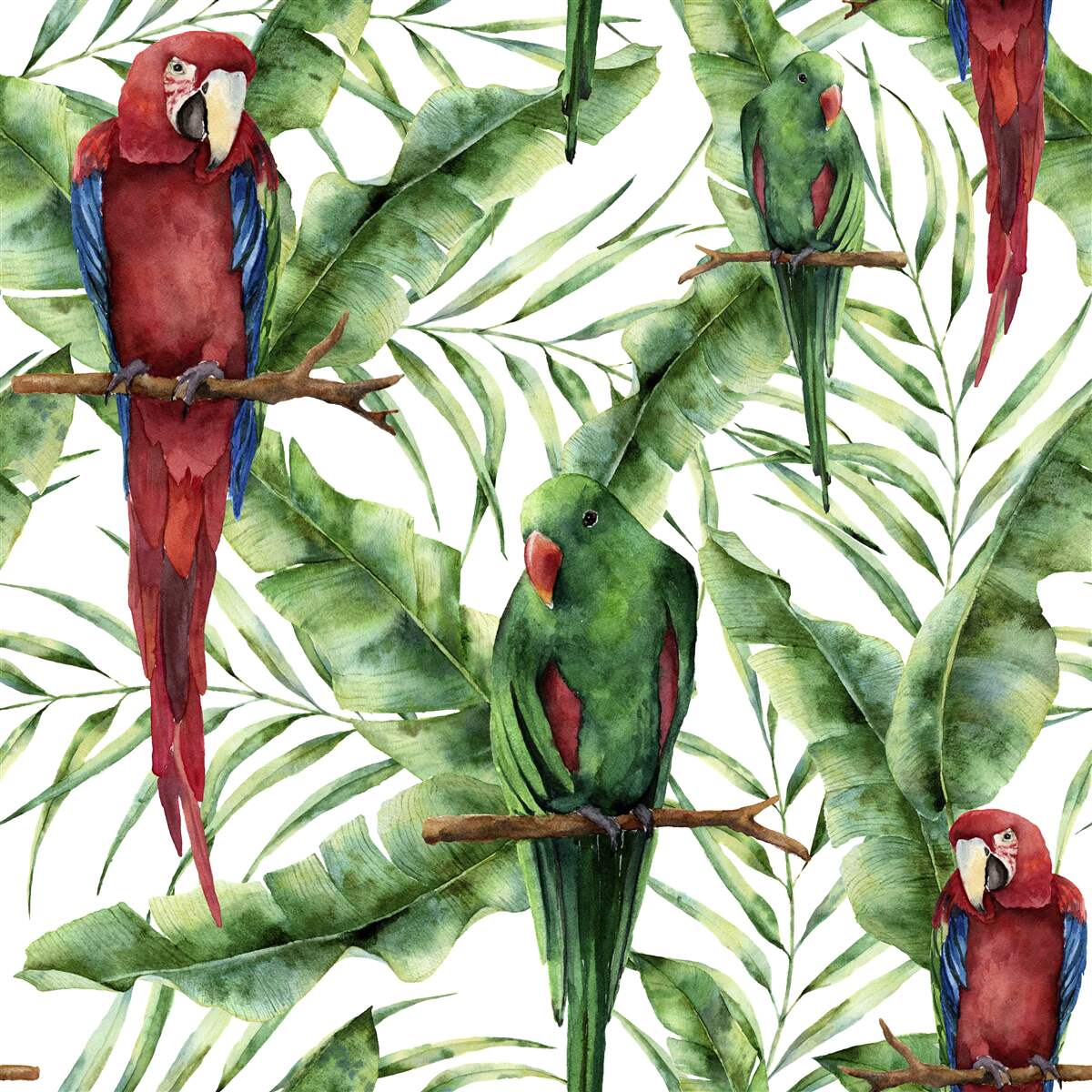 Papier peint branches tropicales avec perroquets