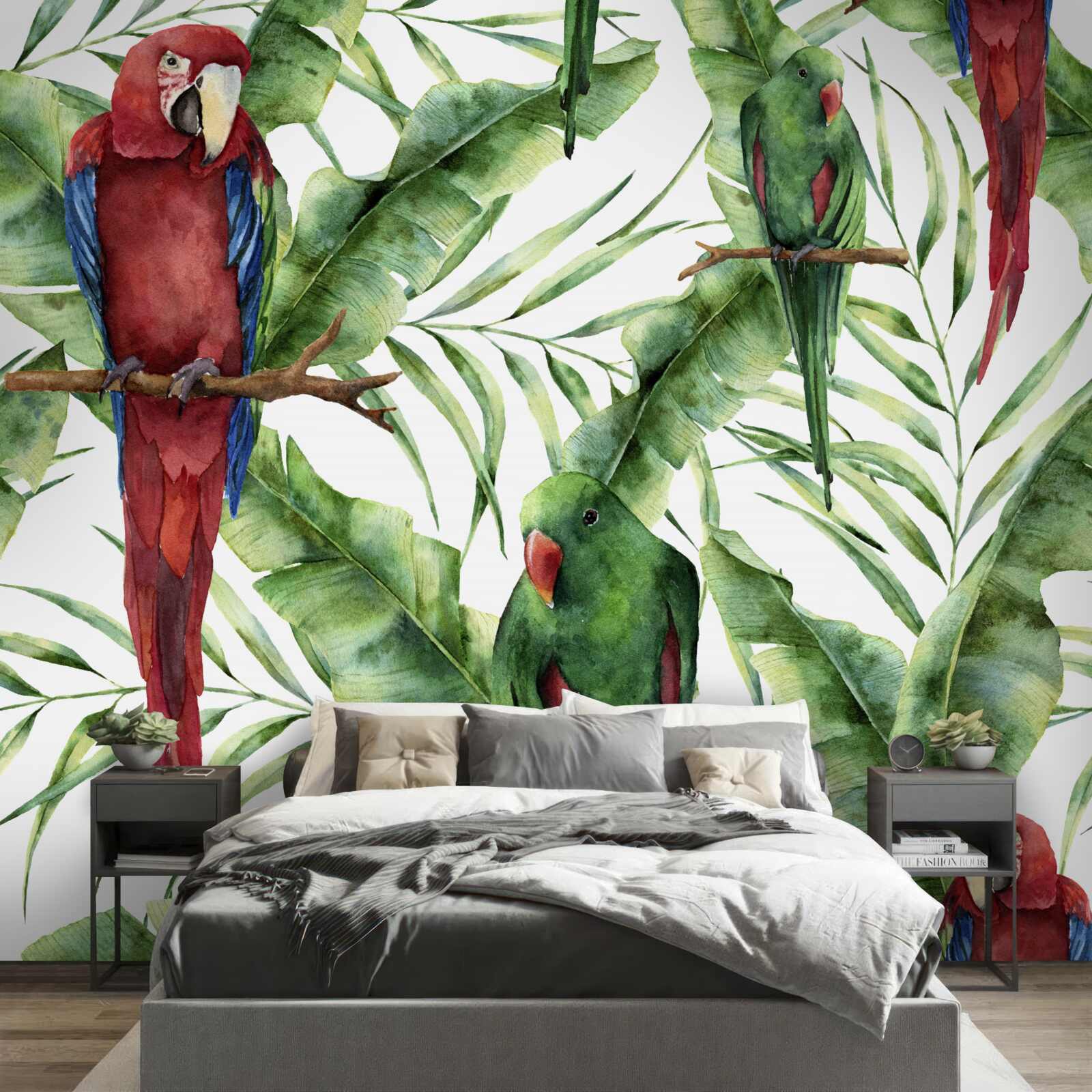 Papier peint branches tropicales avec perroquets