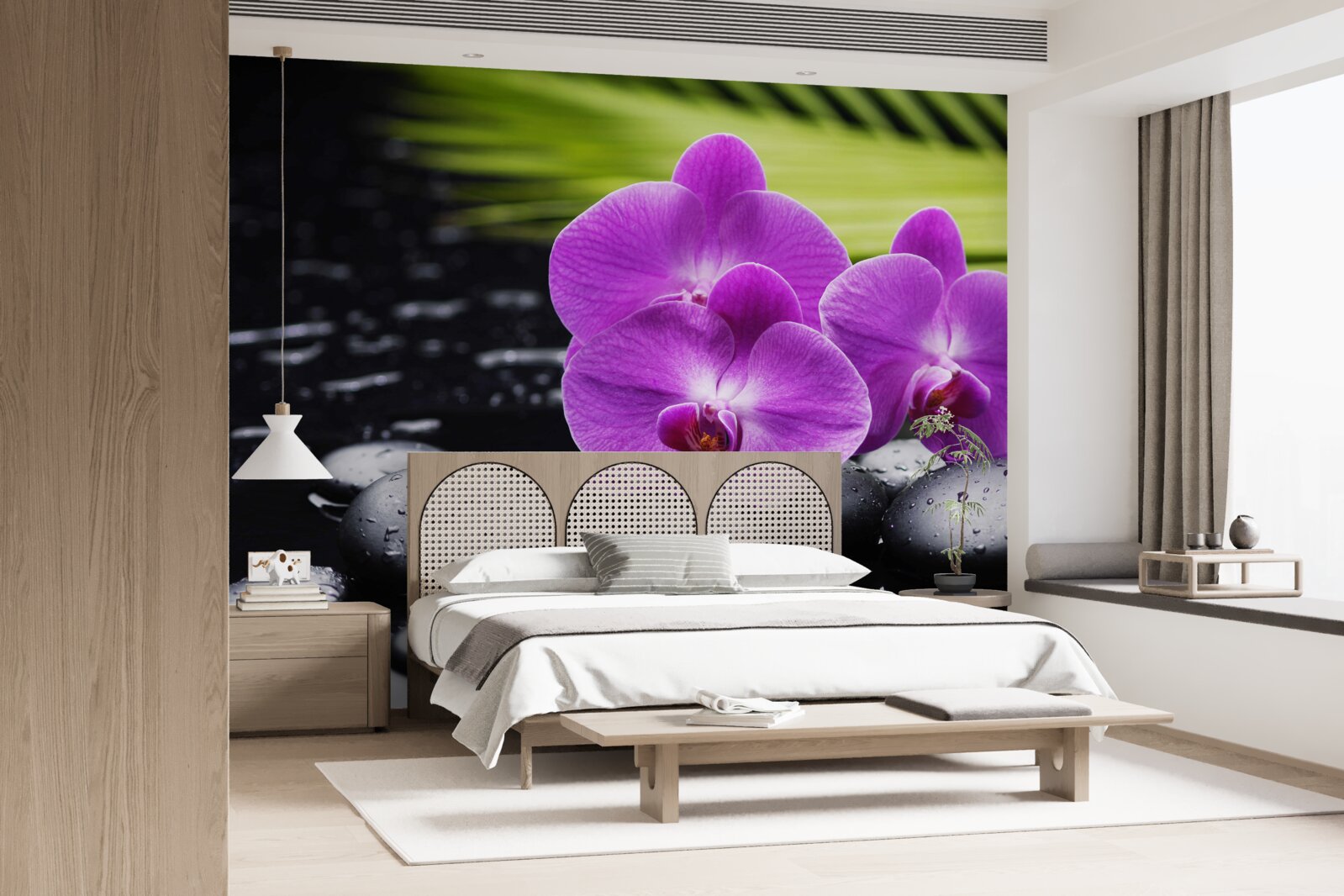 Papier peint orchidée pourpre sur une pierre noire près de l'eau