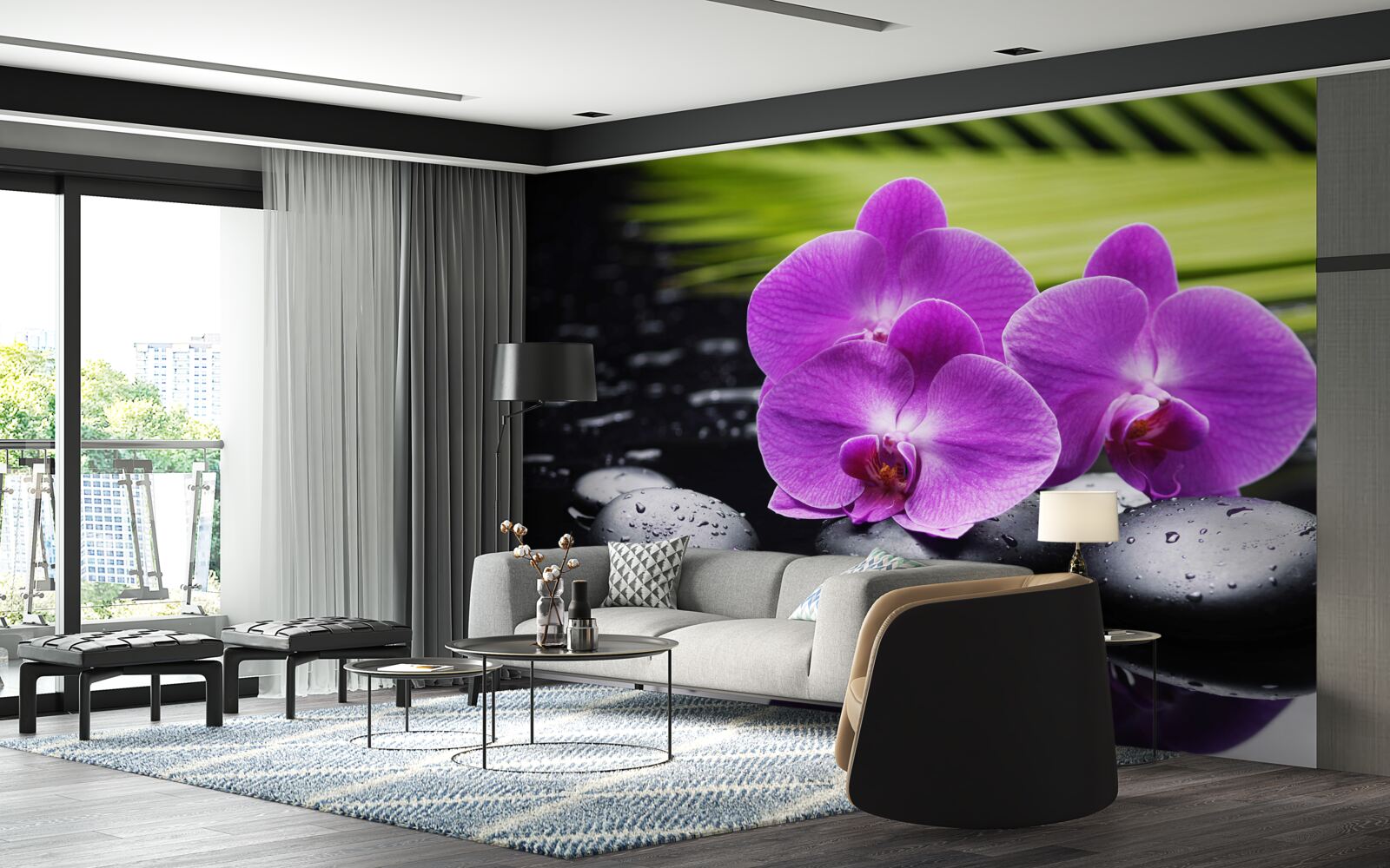 Papier peint orchidée pourpre sur une pierre noire près de l'eau