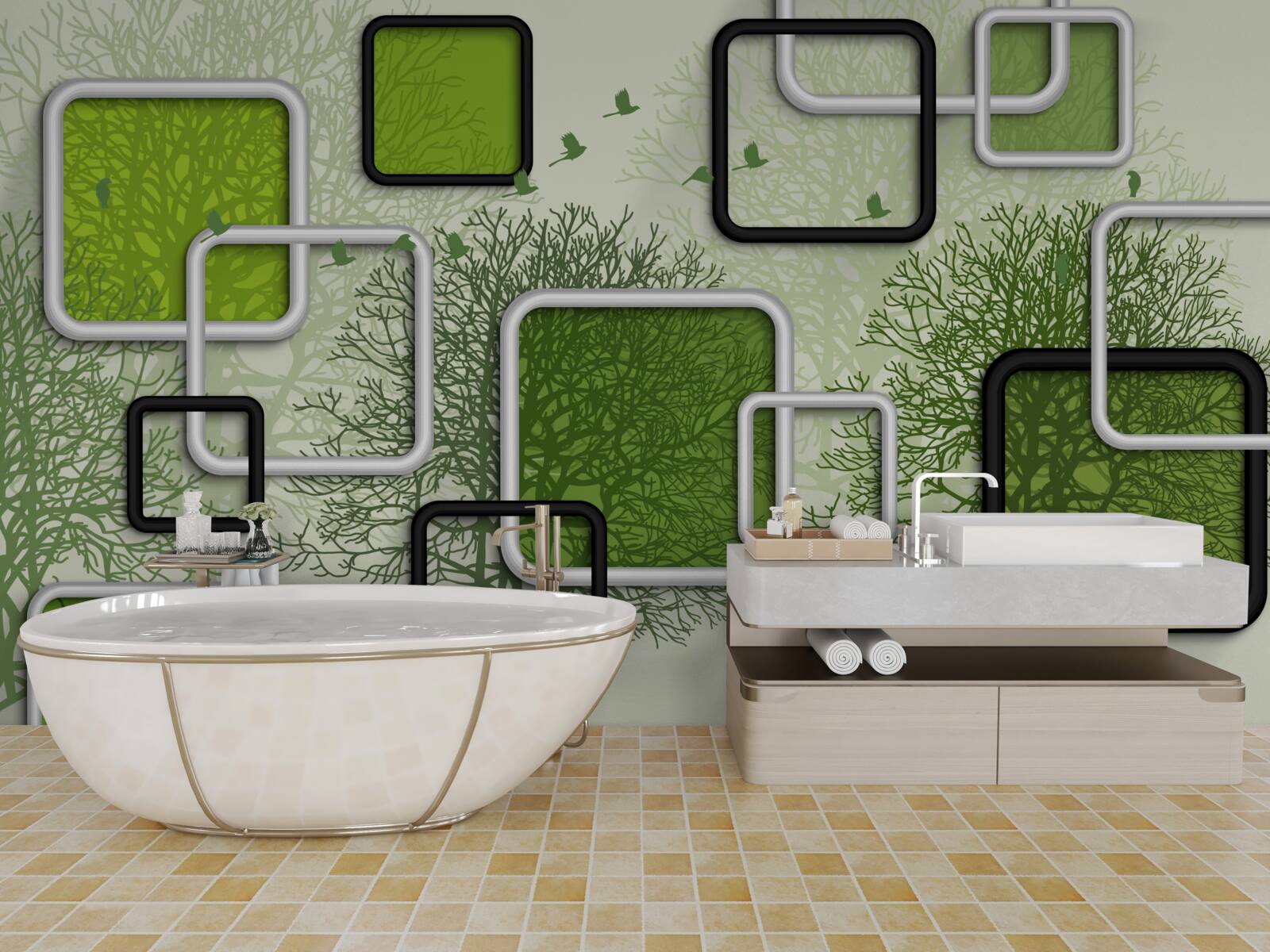 Papier peint Fond vert avec rectangles abstraits