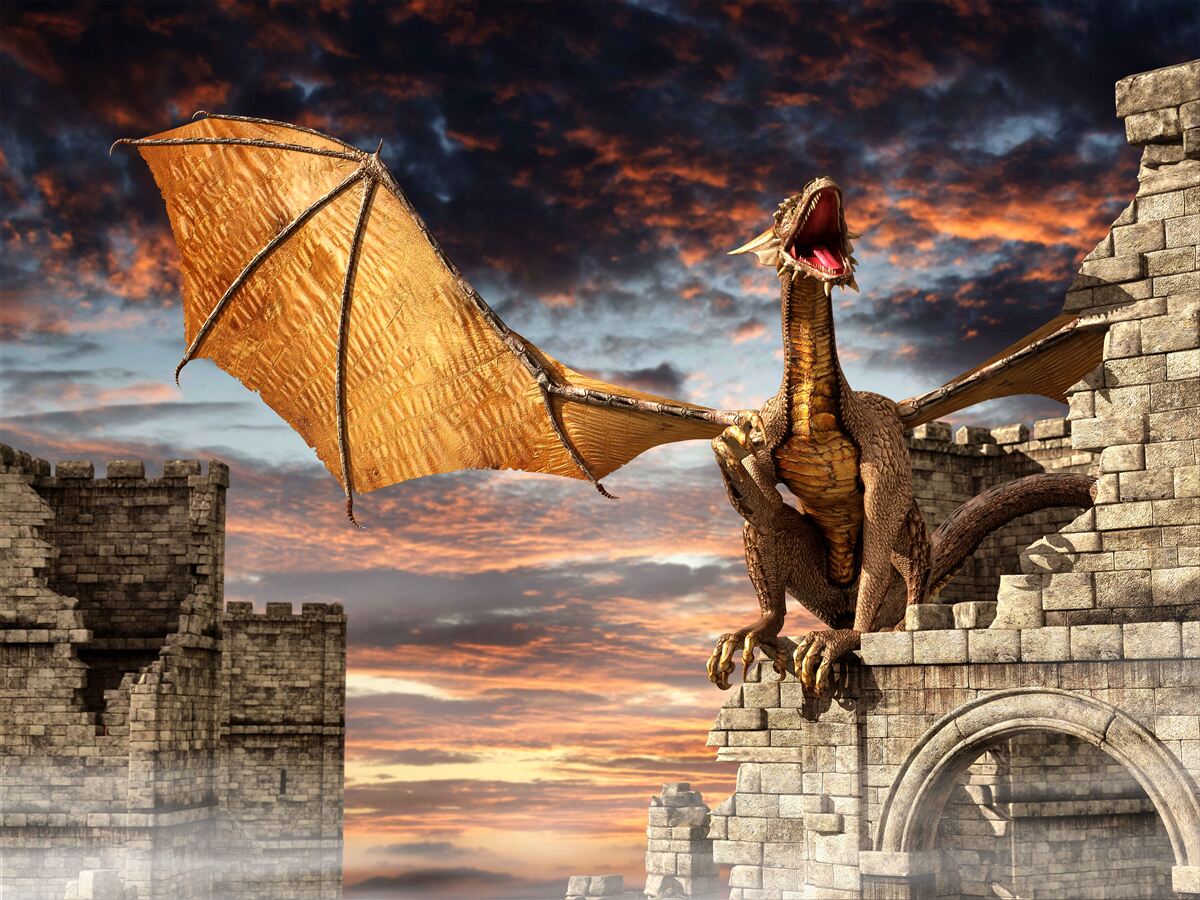 Papier peint dragon dans une forteresse de pierre