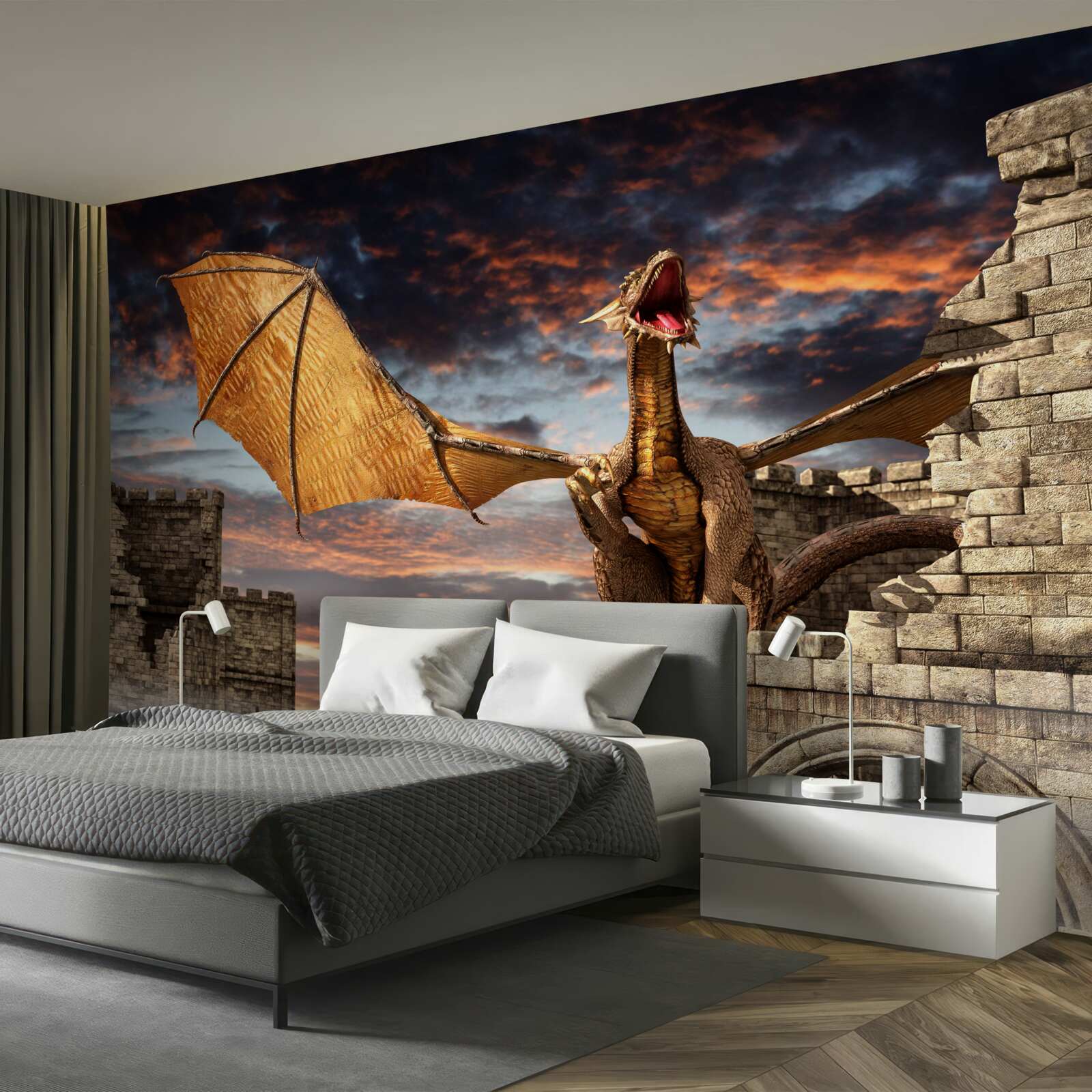 Papier peint dragon dans une forteresse de pierre