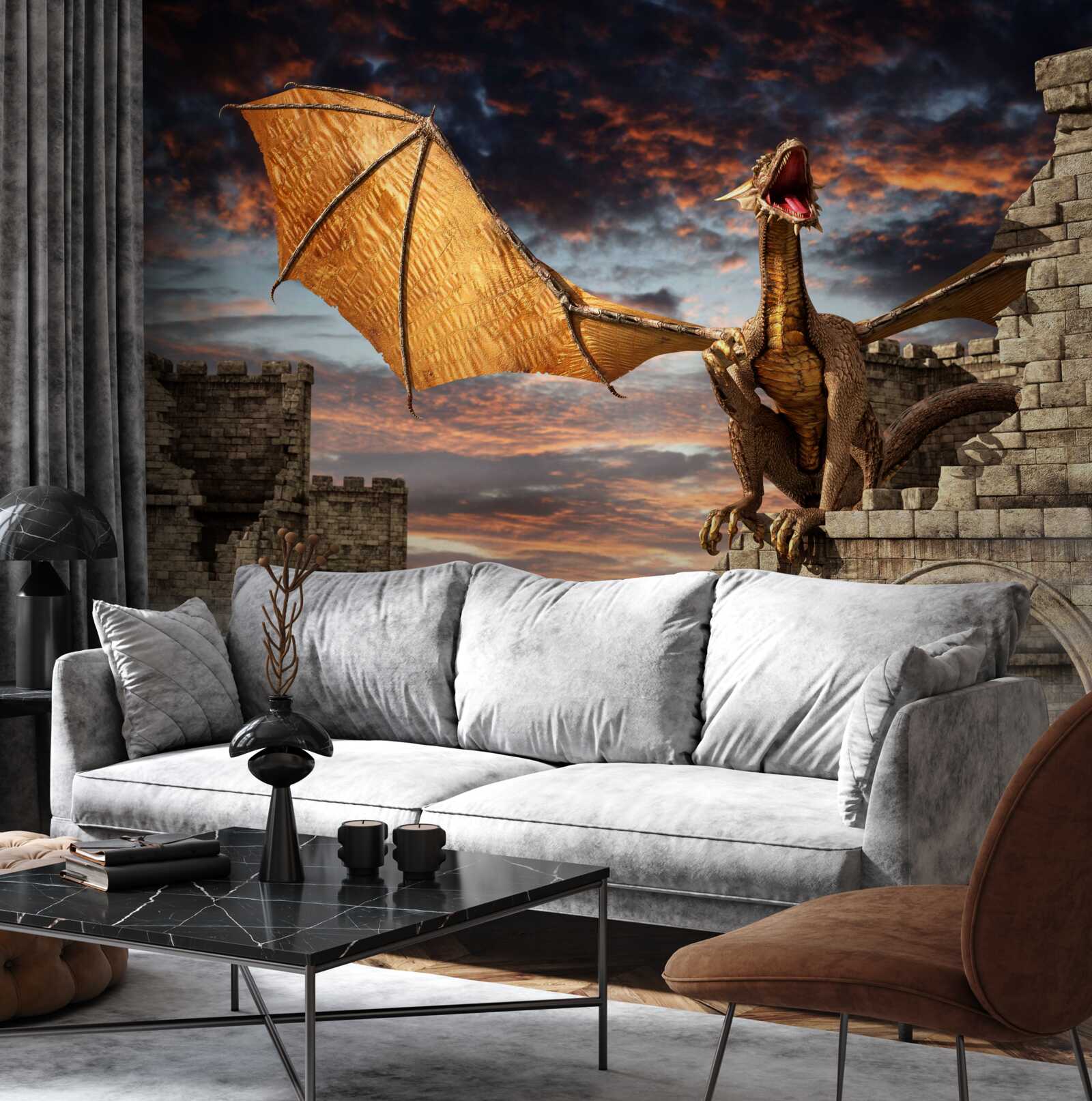 Papier peint dragon dans une forteresse de pierre