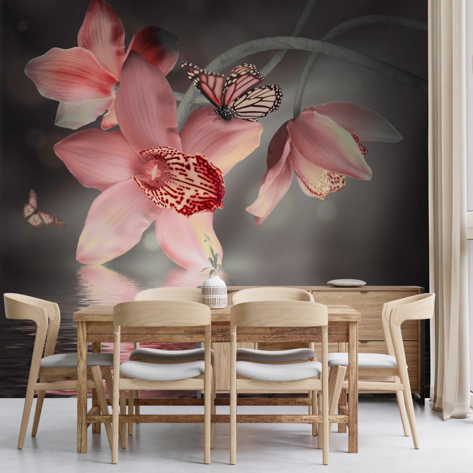 Papier peint une orchidée rose est suspendue au-dessus de la surface de l'eau
