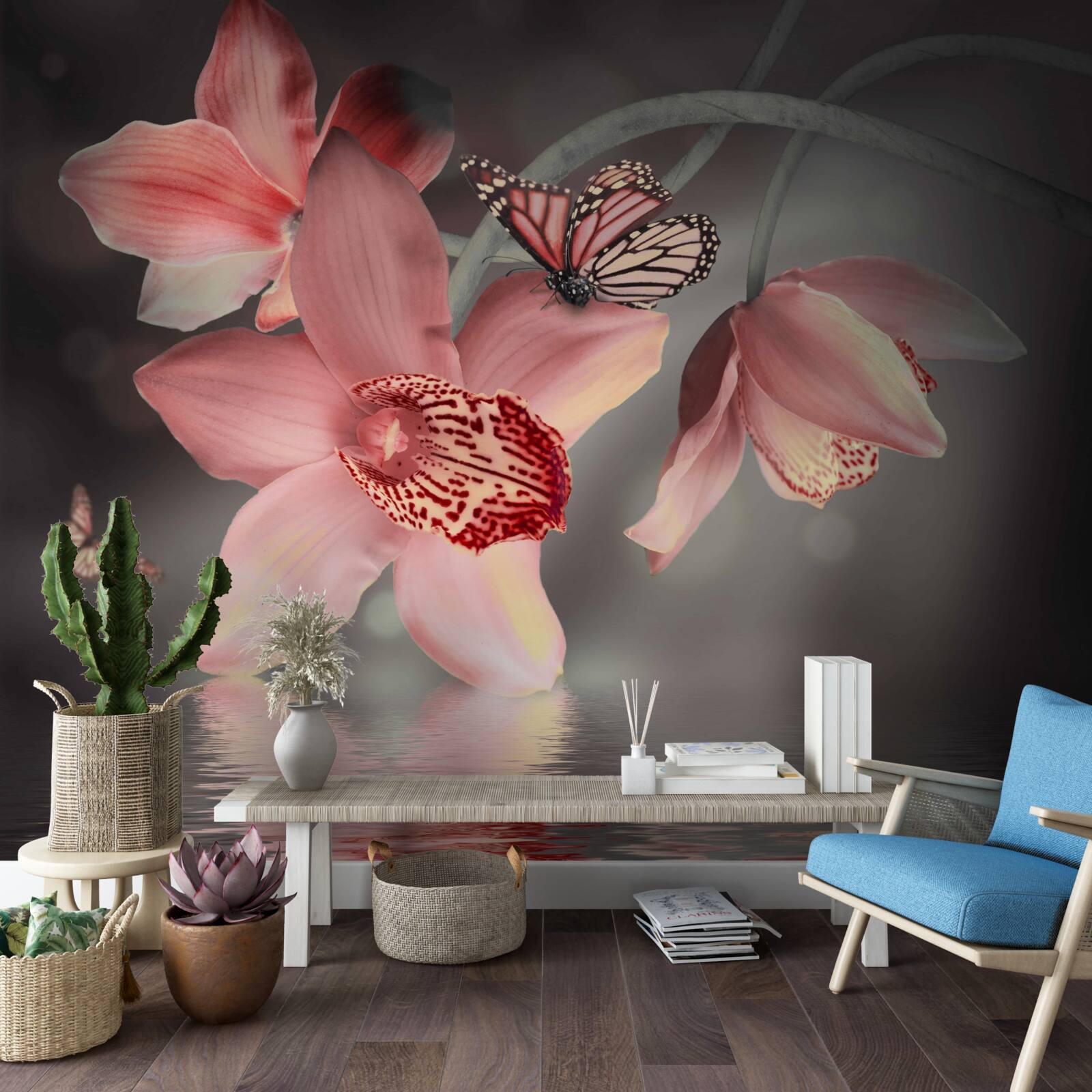 Papier peint une orchidée rose est suspendue au-dessus de la surface de l'eau