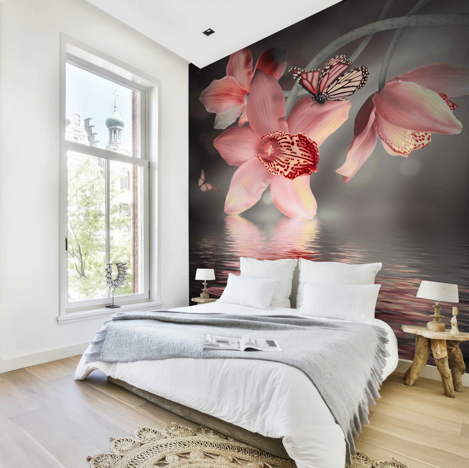 Papier peint une orchidée rose est suspendue au-dessus de la surface de l'eau