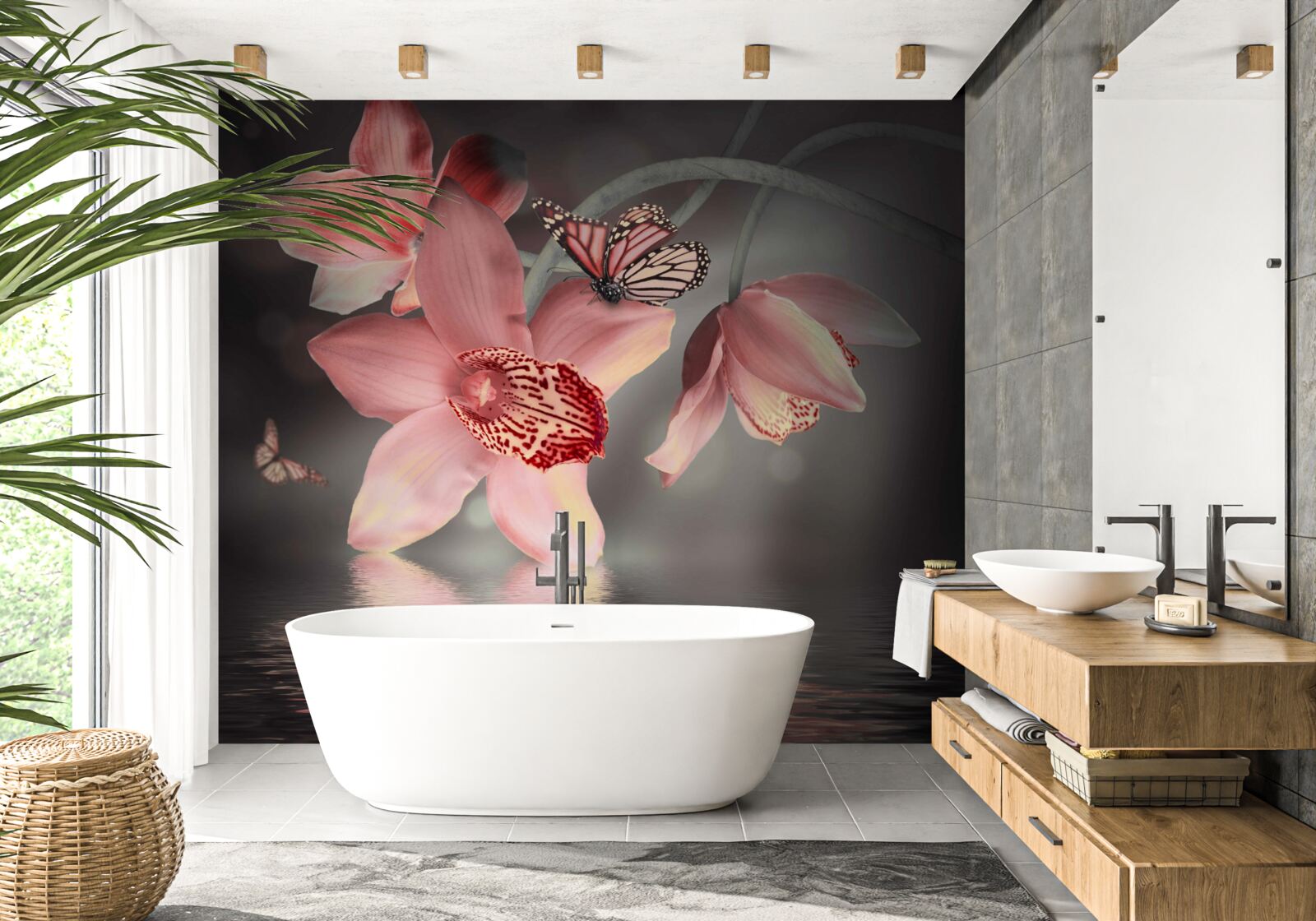 Papier peint une orchidée rose est suspendue au-dessus de la surface de l'eau