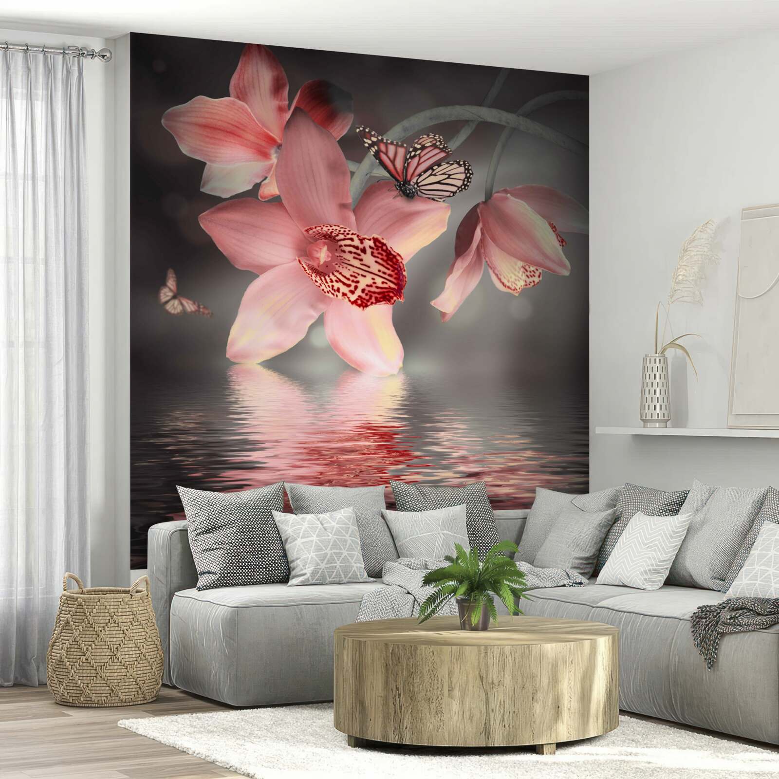 Papier peint une orchidée rose est suspendue au-dessus de la surface de l'eau