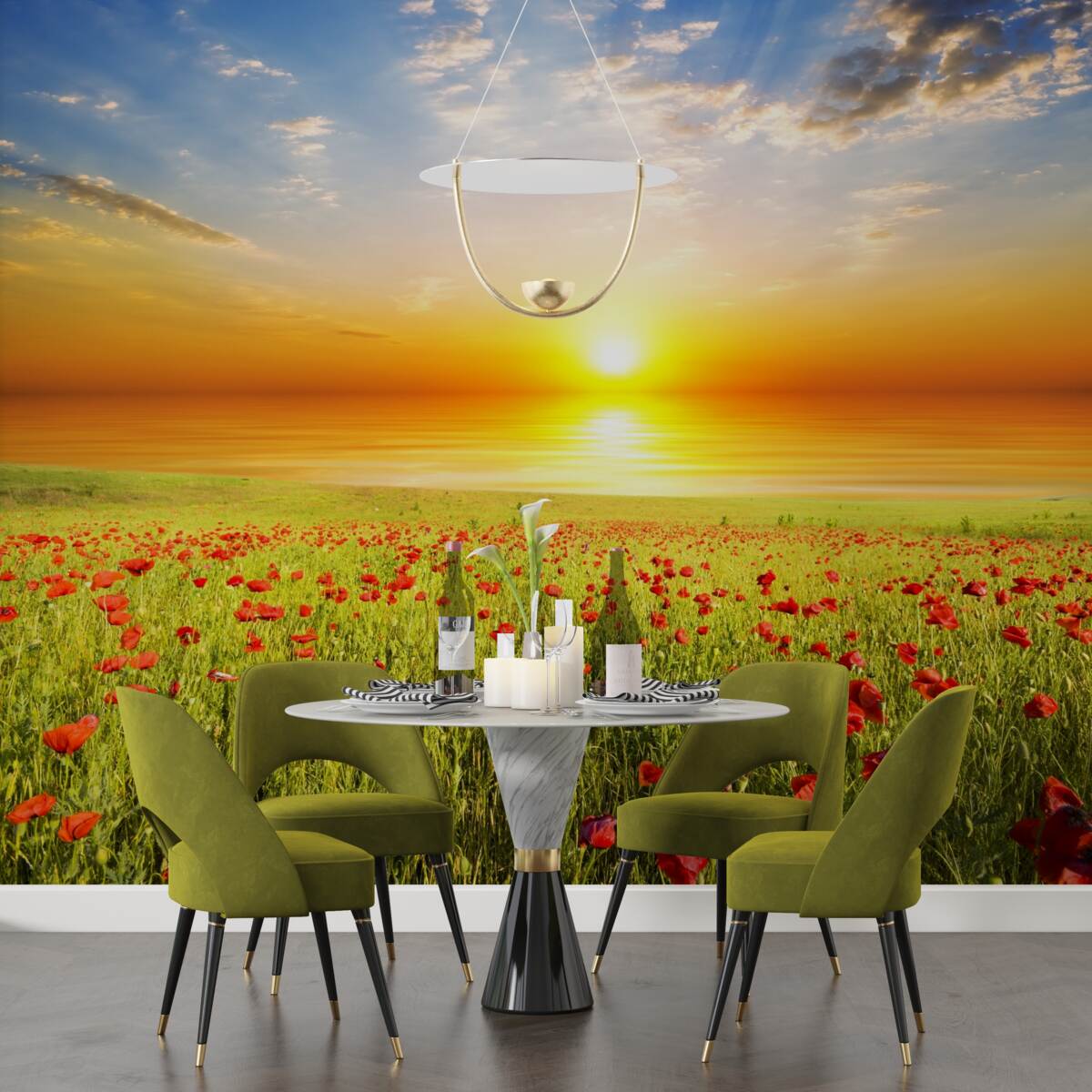 Papier peint le soleil se couche sur un champ de coquelicots violets