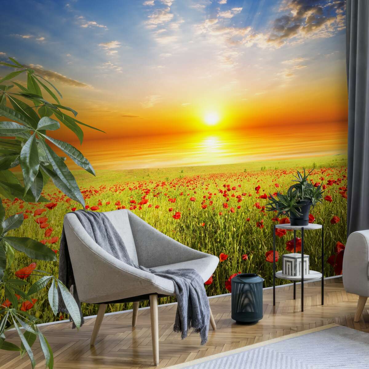 Papier peint le soleil se couche sur un champ de coquelicots violets