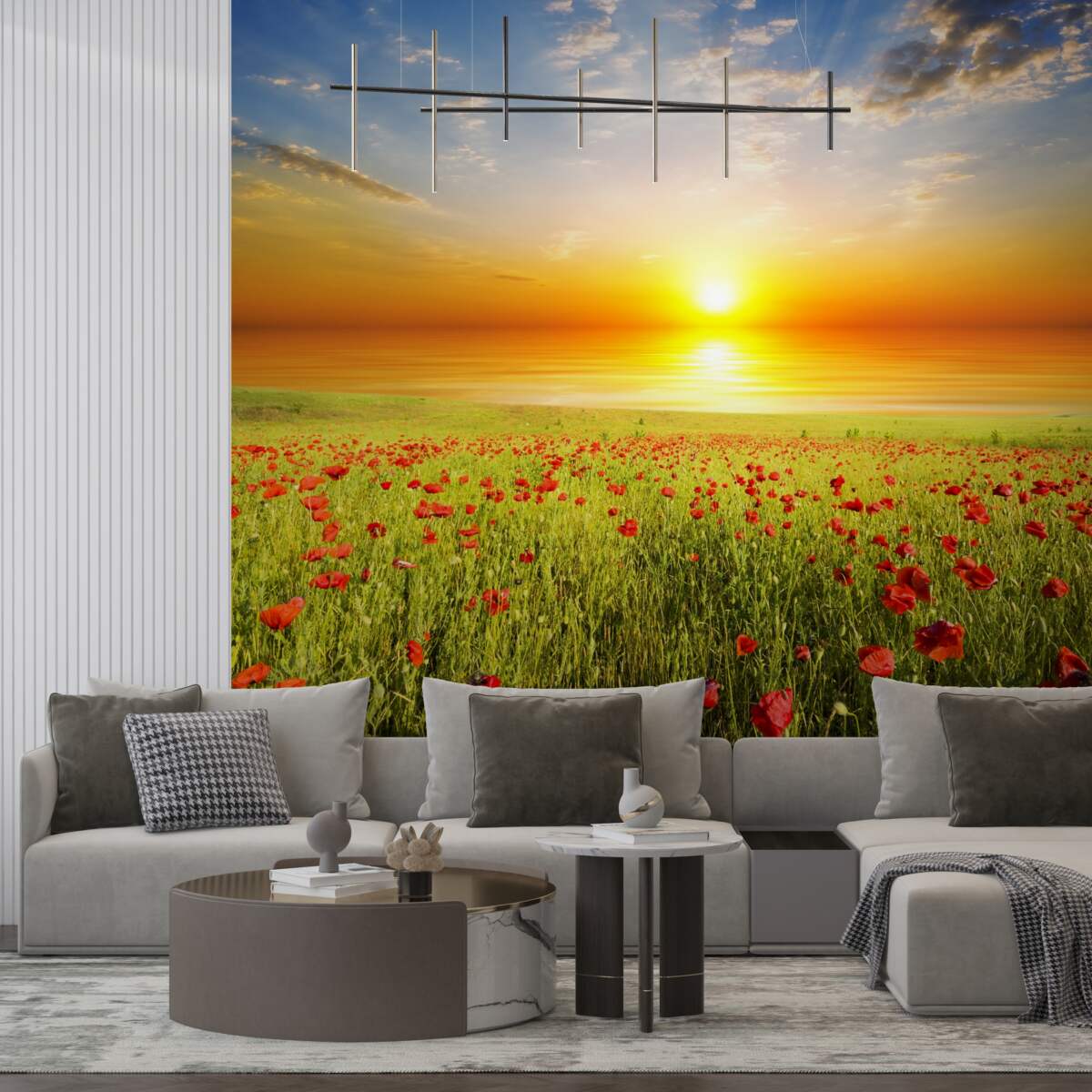 Papier peint le soleil se couche sur un champ de coquelicots violets