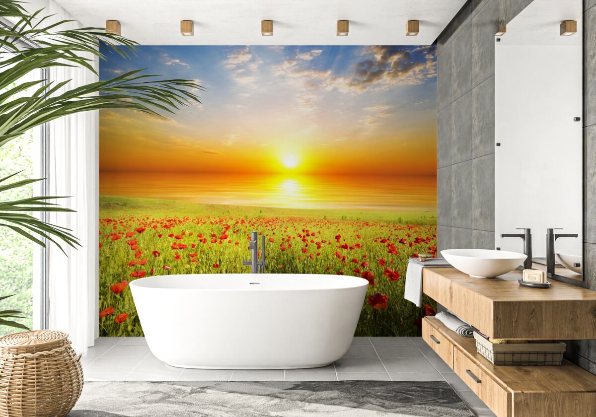 Papier peint le soleil se couche sur un champ de coquelicots violets