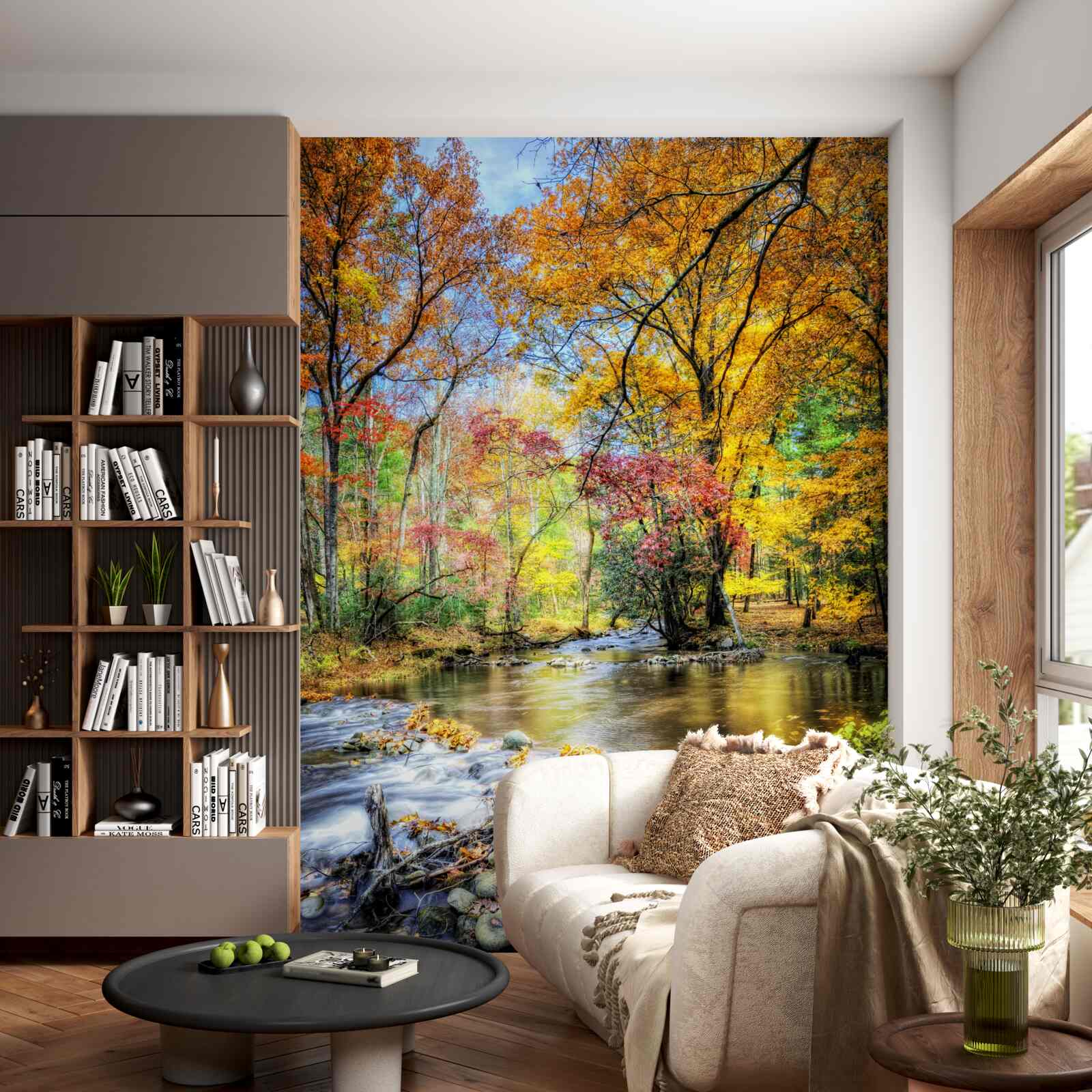 Papier peint forêt en automne et rivière en montagne