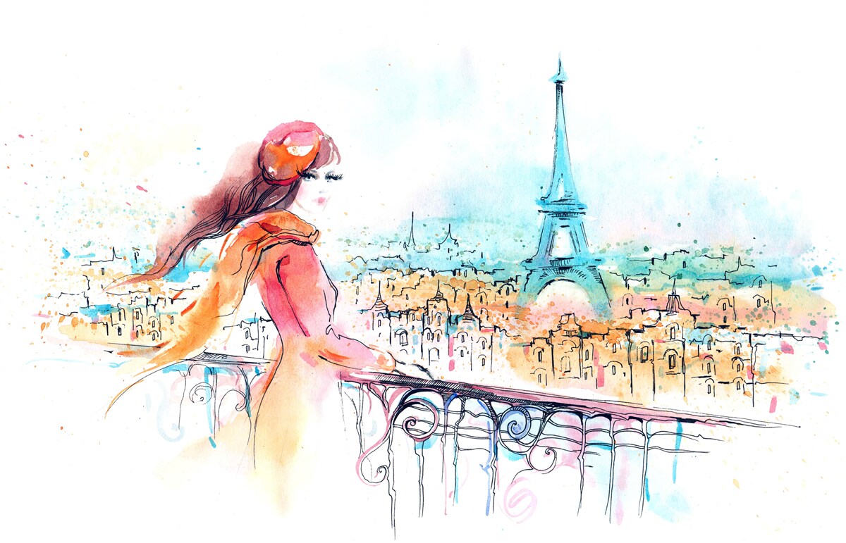 Papier peint Une fille se promène dans une aquarelle de Paris