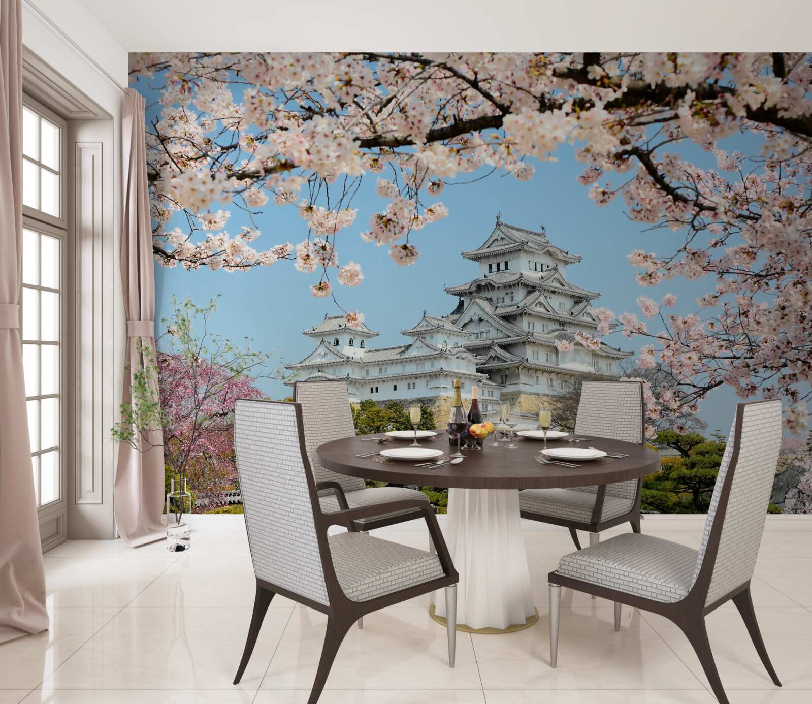 Papier peint ancienne maison japonaise avec sakura rose en fleur