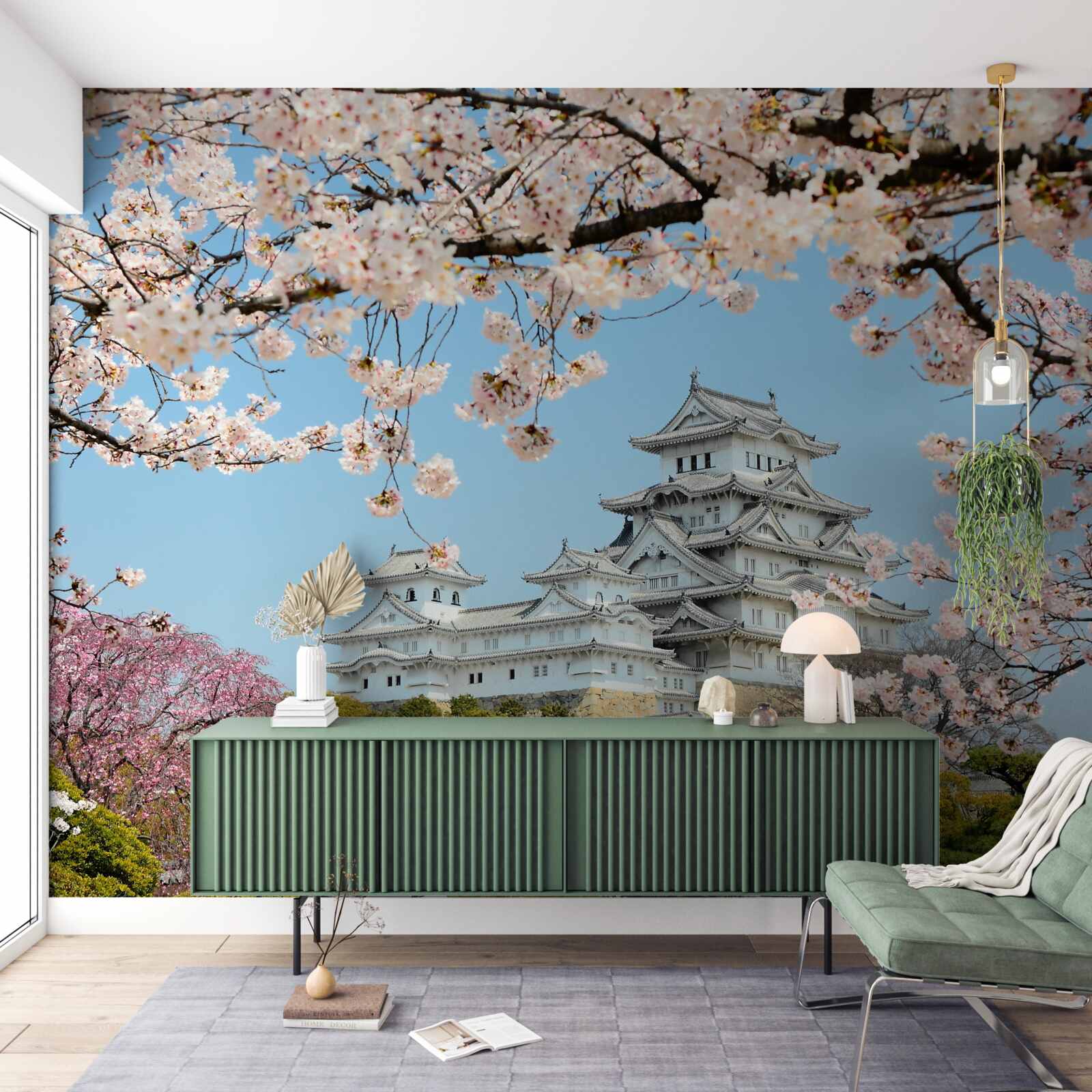 Papier peint ancienne maison japonaise avec sakura rose en fleur