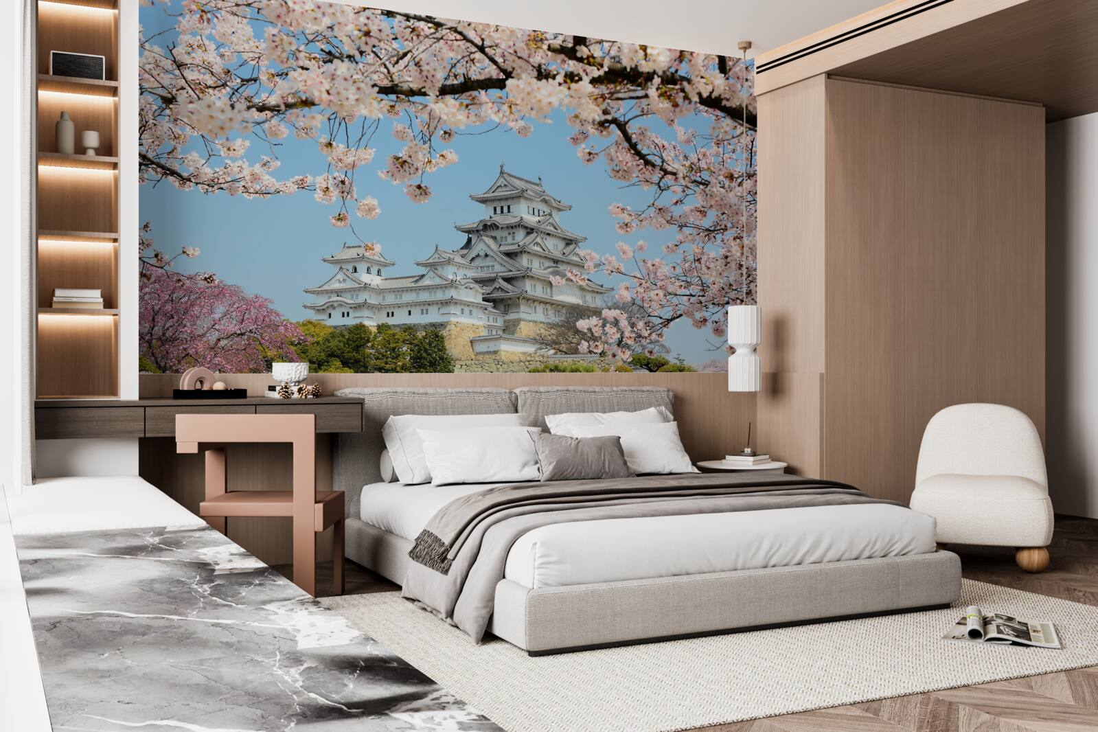 Papier peint ancienne maison japonaise avec sakura rose en fleur