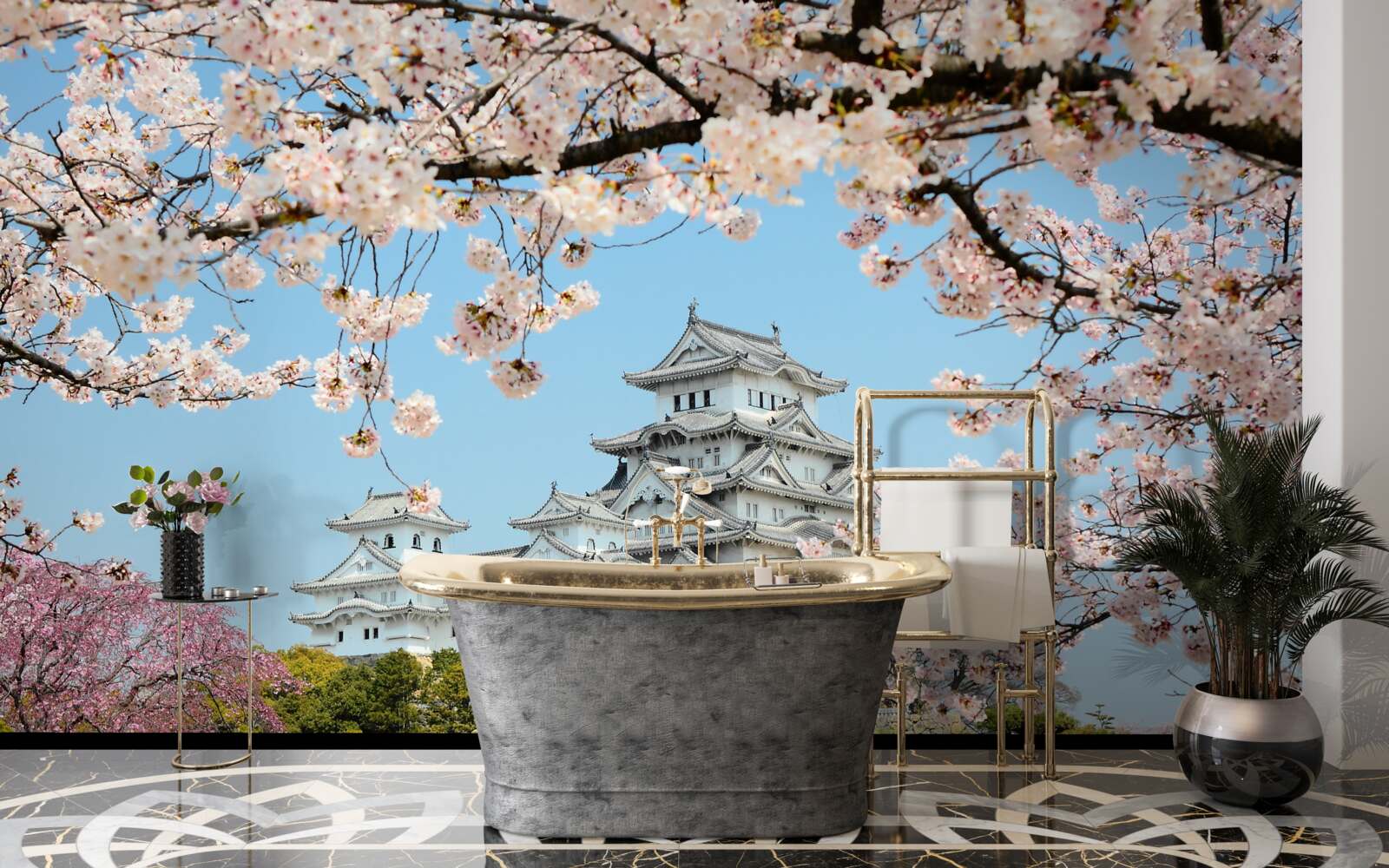 Papier peint ancienne maison japonaise avec sakura rose en fleur