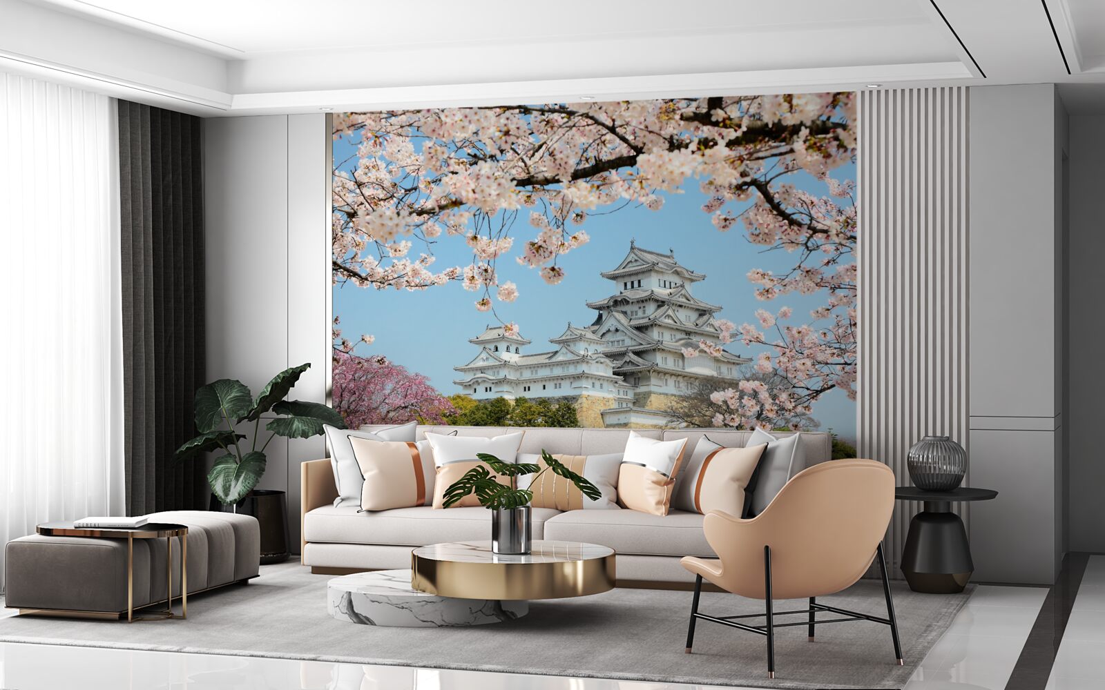Papier peint ancienne maison japonaise avec sakura rose en fleur