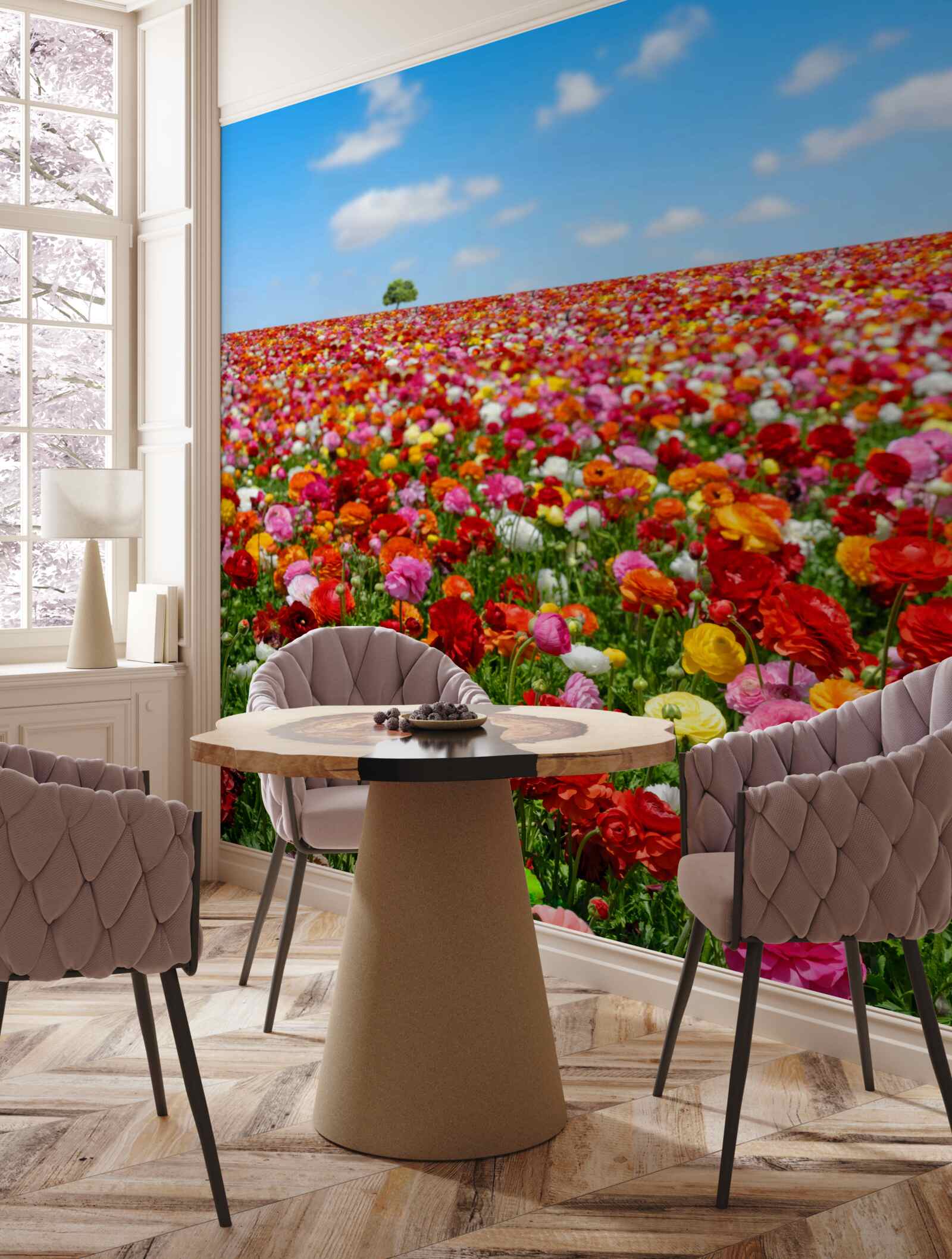 Papier peint une prairie parsemée d'une multitude de fleurs colorées