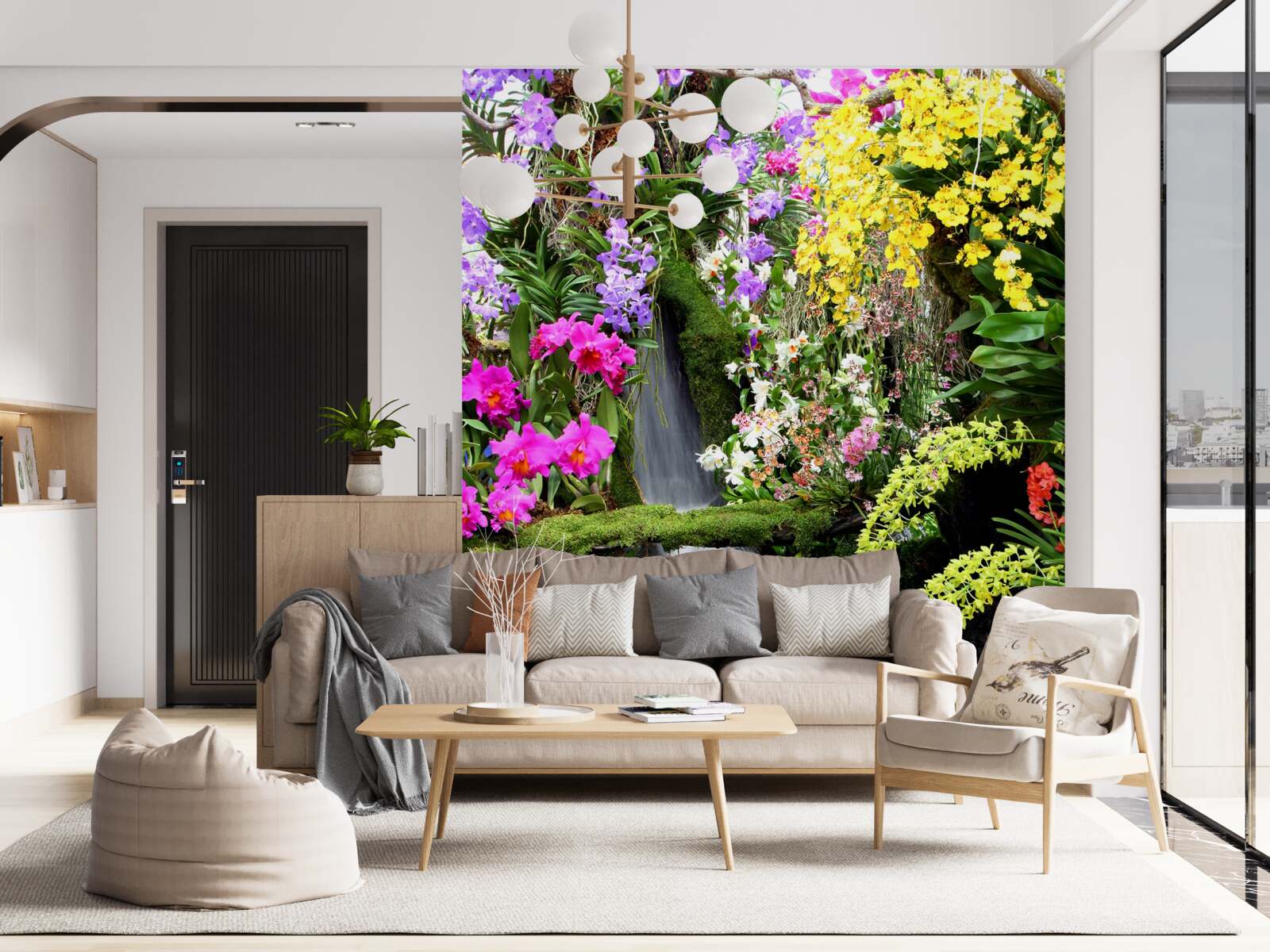 Papier peint une cascade d'eau parmi de riches nuances de fleurs