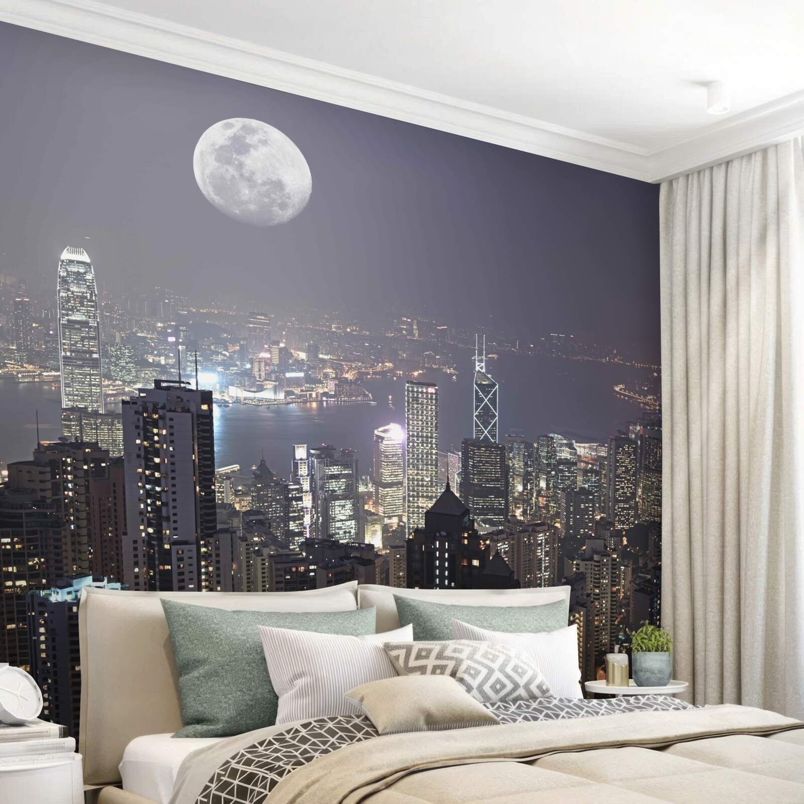 Papier peint la lune enveloppée de brume au-dessus de shanghai