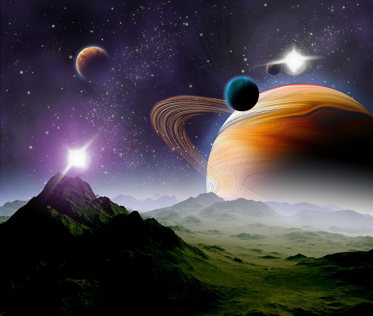 Papier peint image abstraite de planètes et de montagnes dans l'espace