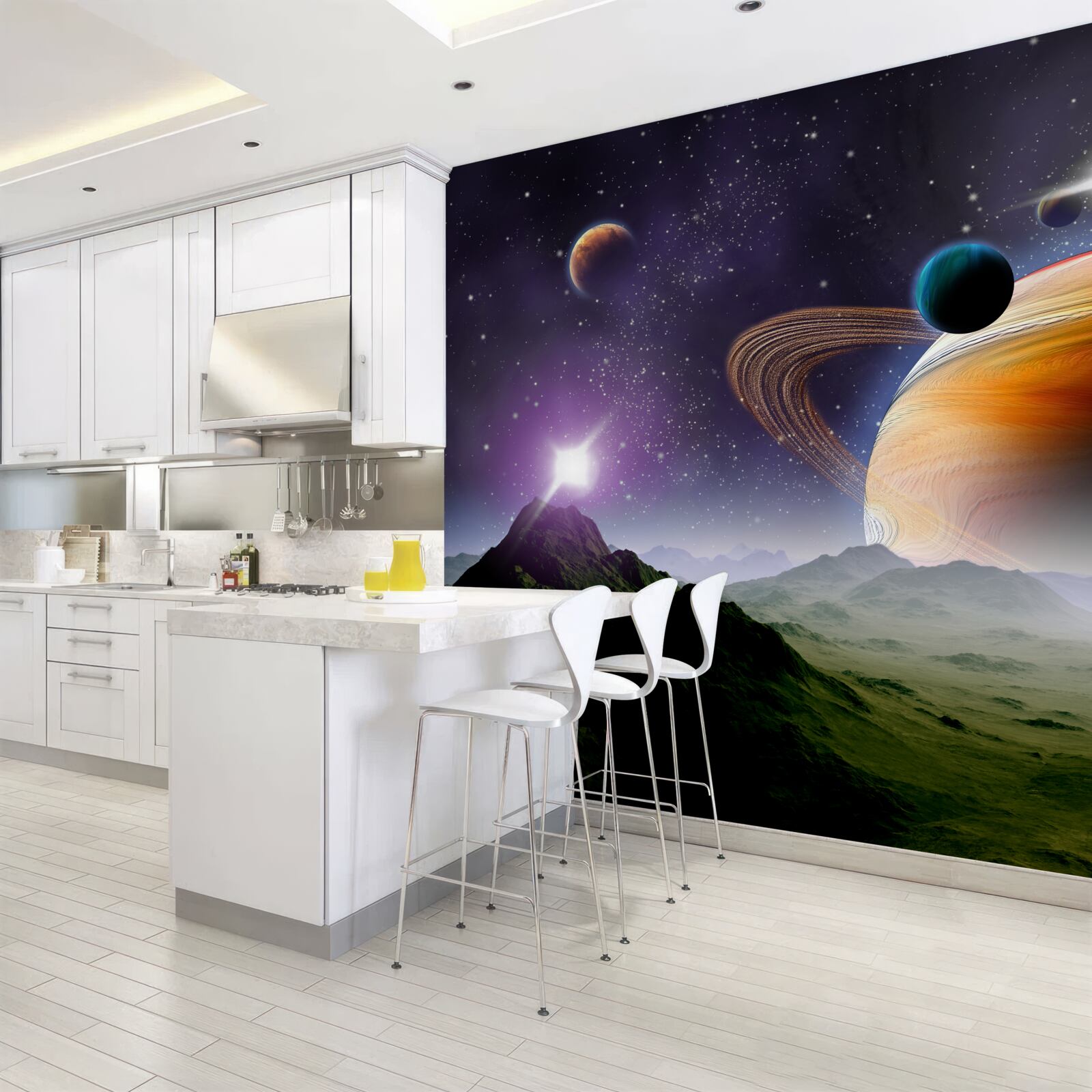 Papier peint image abstraite de planètes et de montagnes dans l'espace