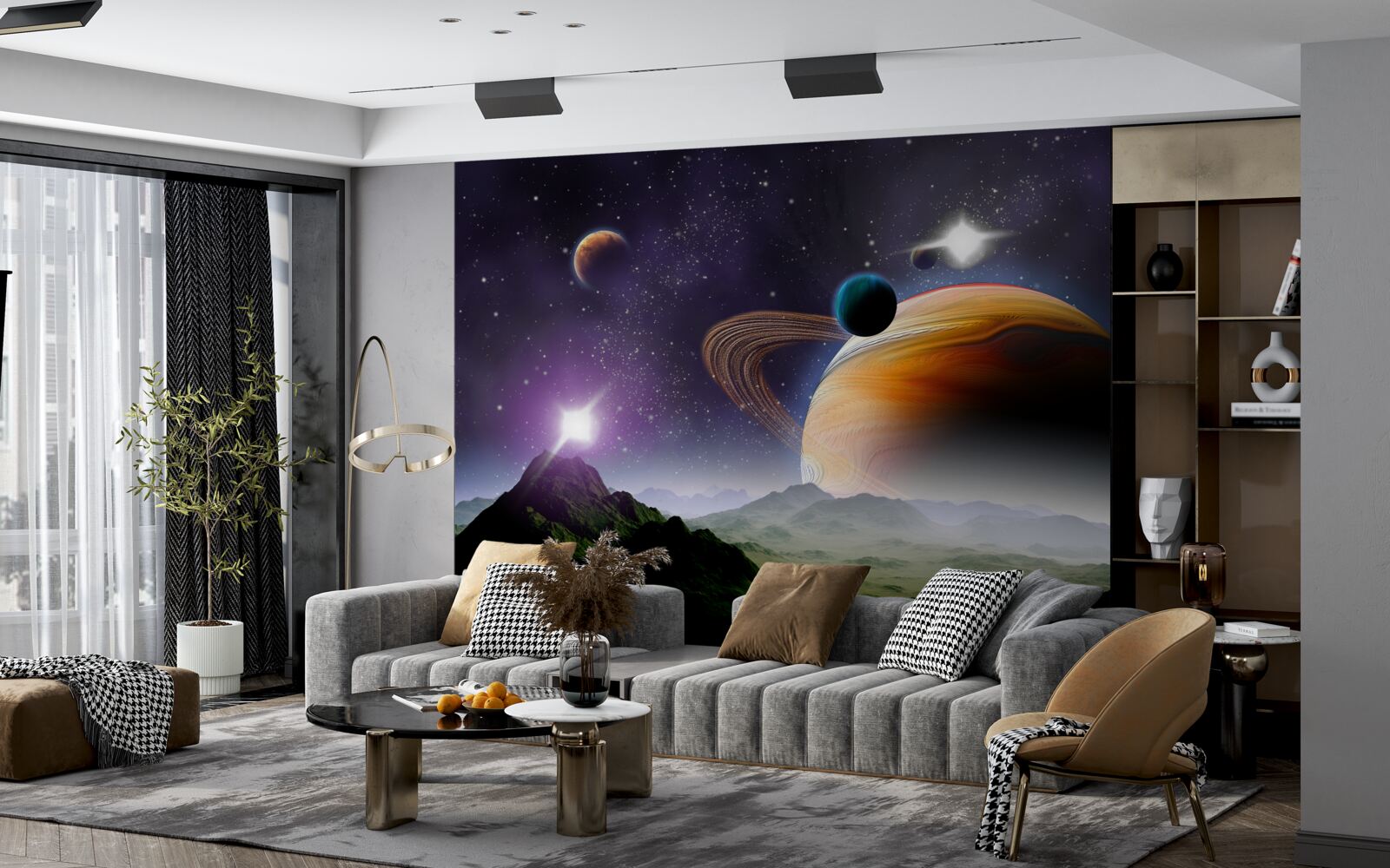 Papier peint image abstraite de planètes et de montagnes dans l'espace