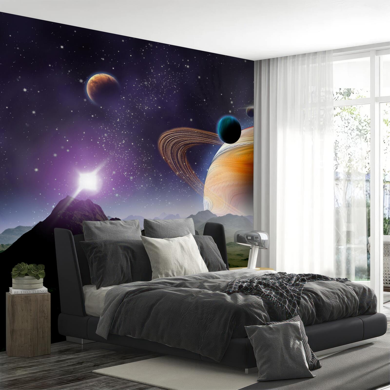 Papier peint image abstraite de planètes et de montagnes dans l'espace
