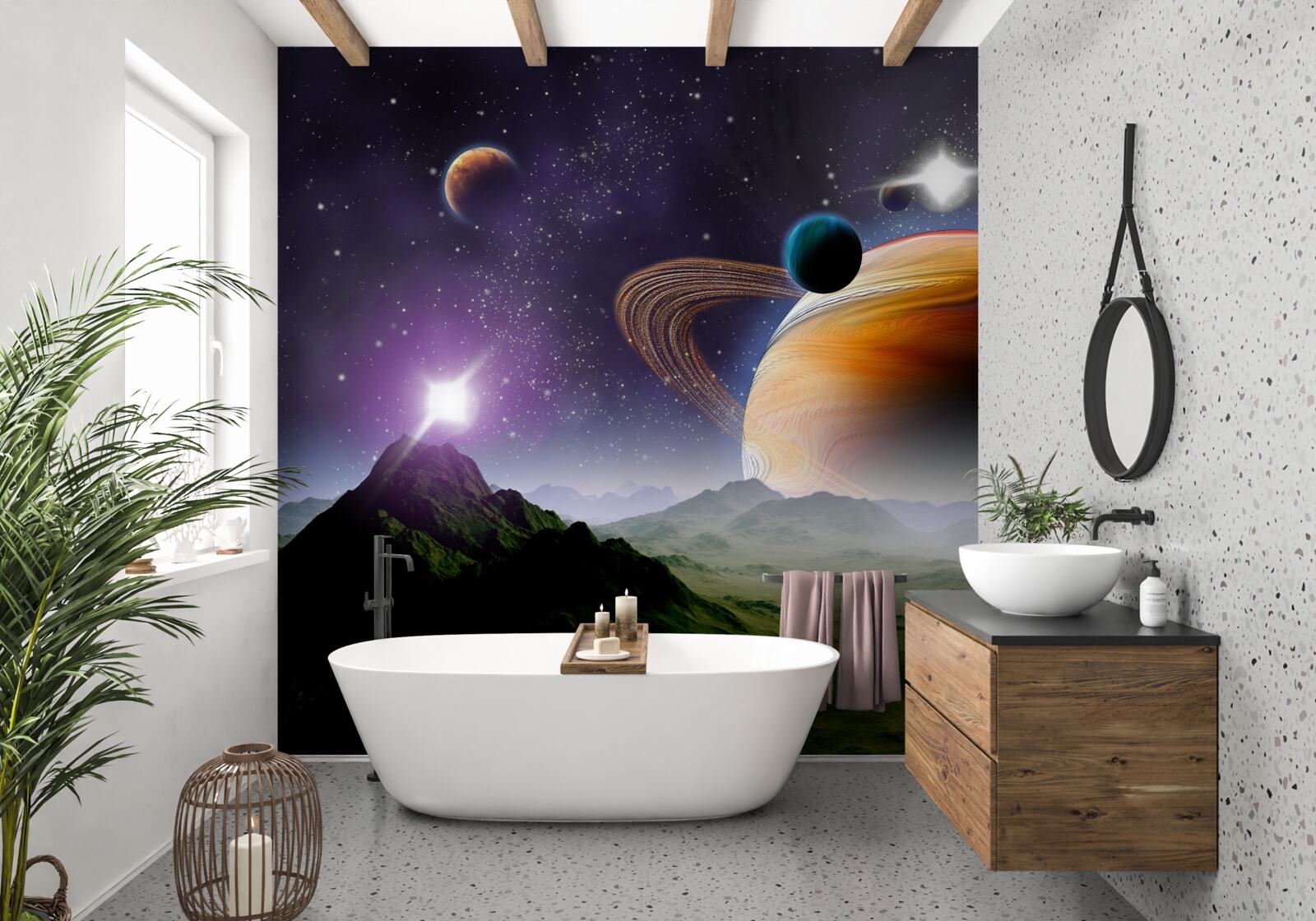 Papier peint image abstraite de planètes et de montagnes dans l'espace