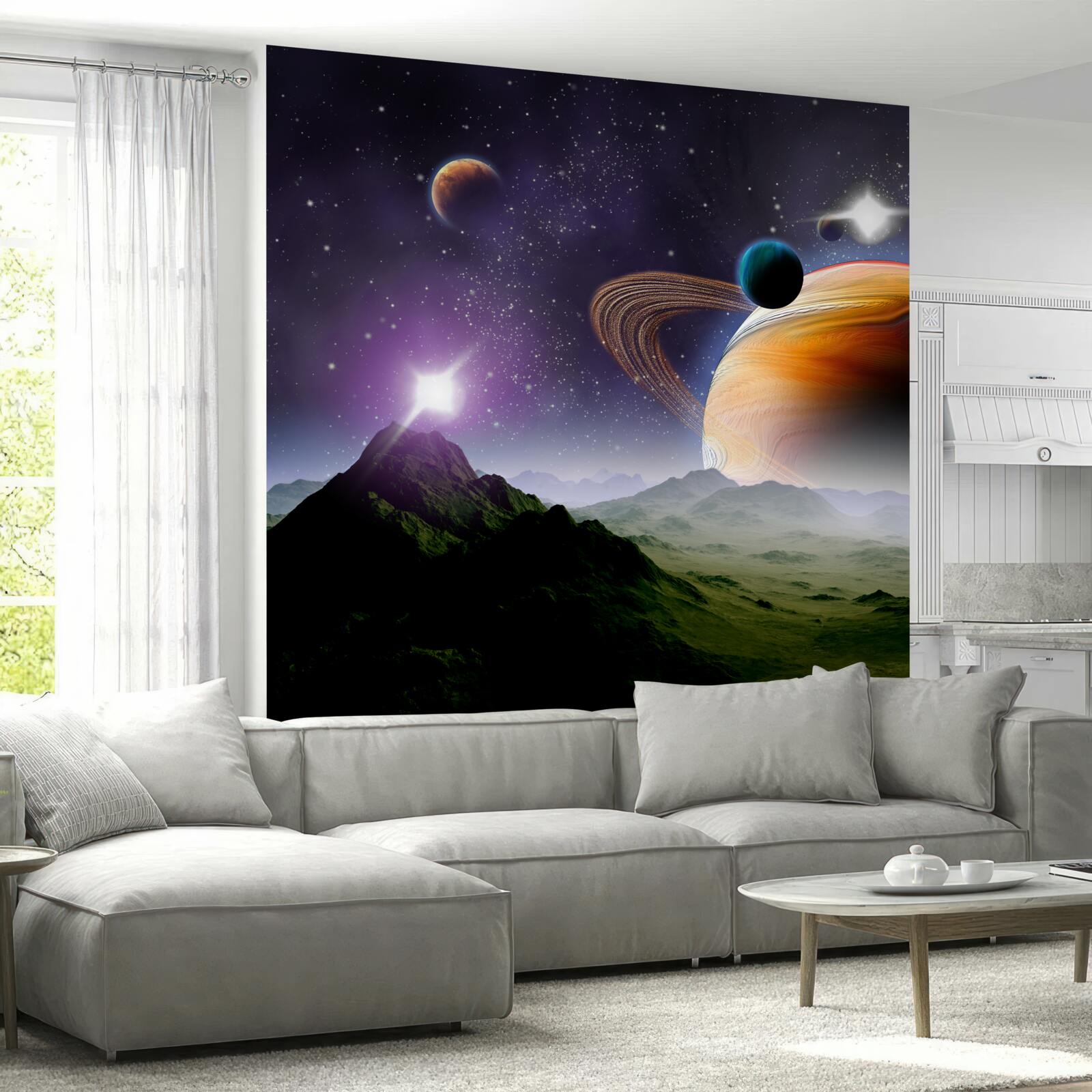 Papier peint image abstraite de planètes et de montagnes dans l'espace