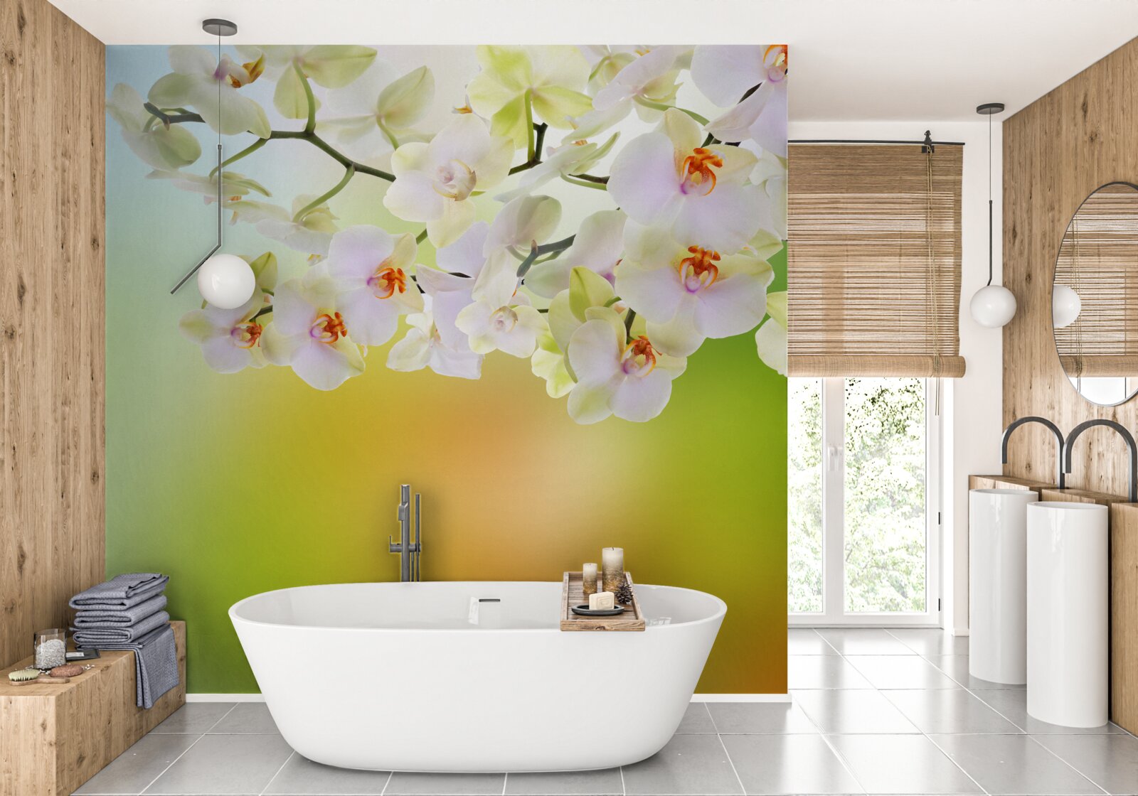 Papier peint grandes orchidées blanches sur tige