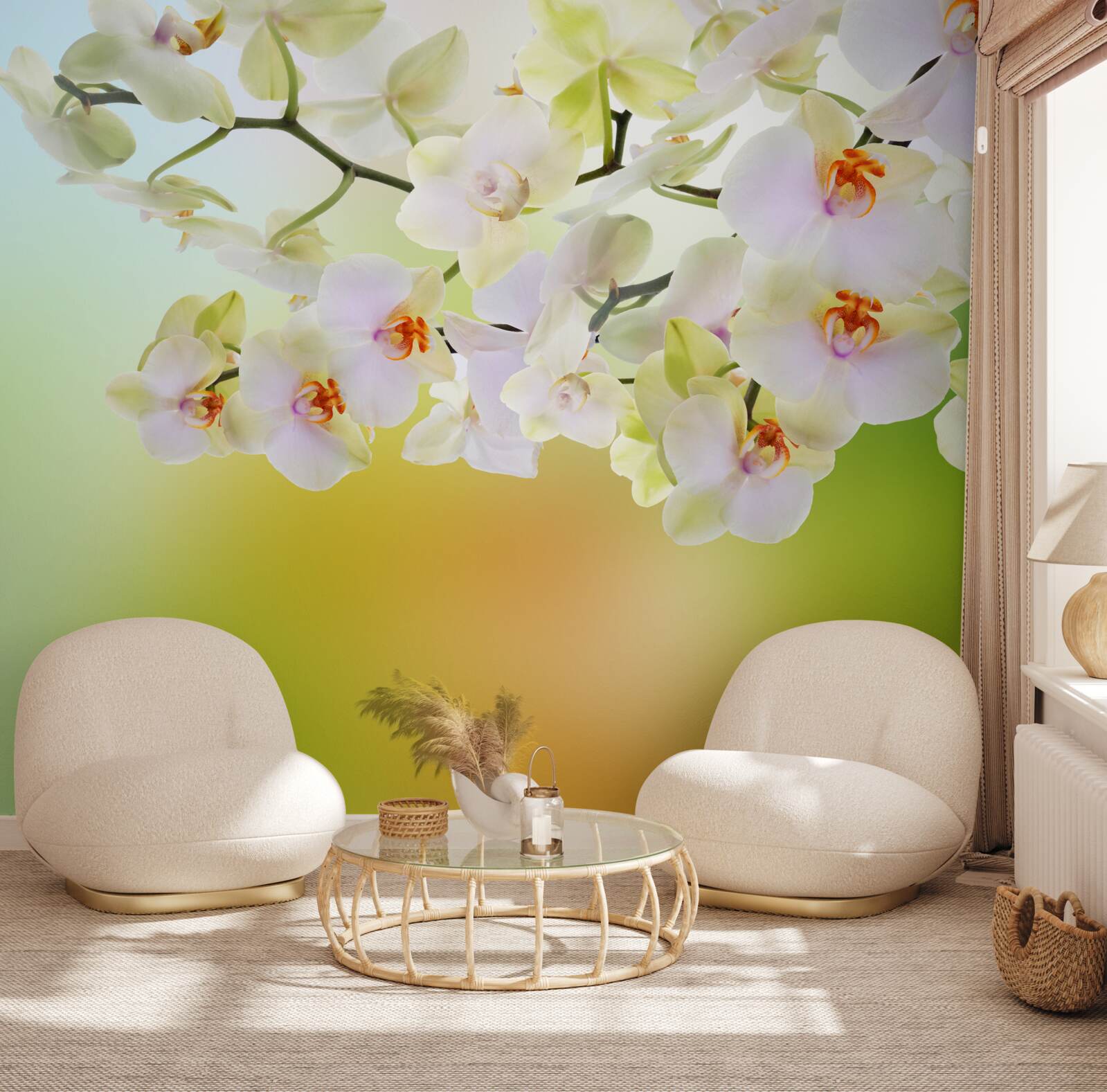 Papier peint grandes orchidées blanches sur tige