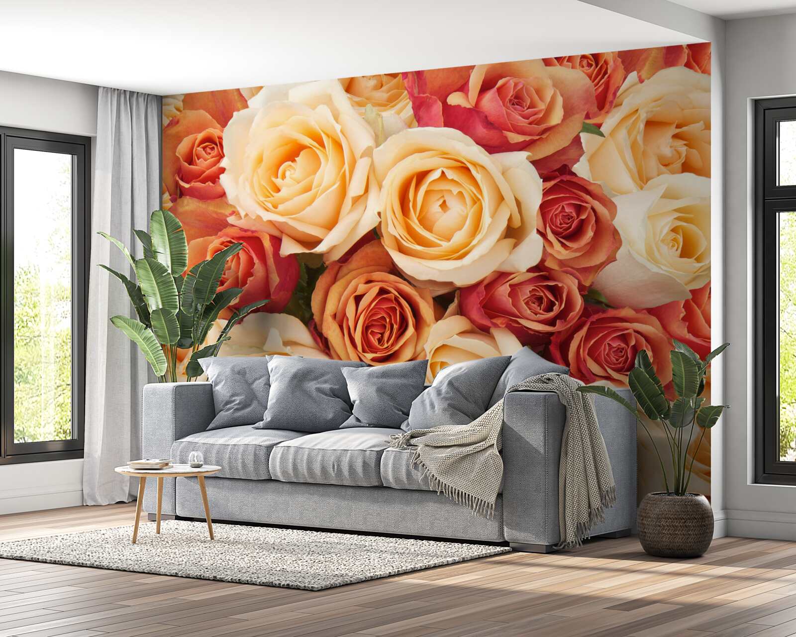 Papier peint des roses aux couleurs douces dans les tons clairs et pêche