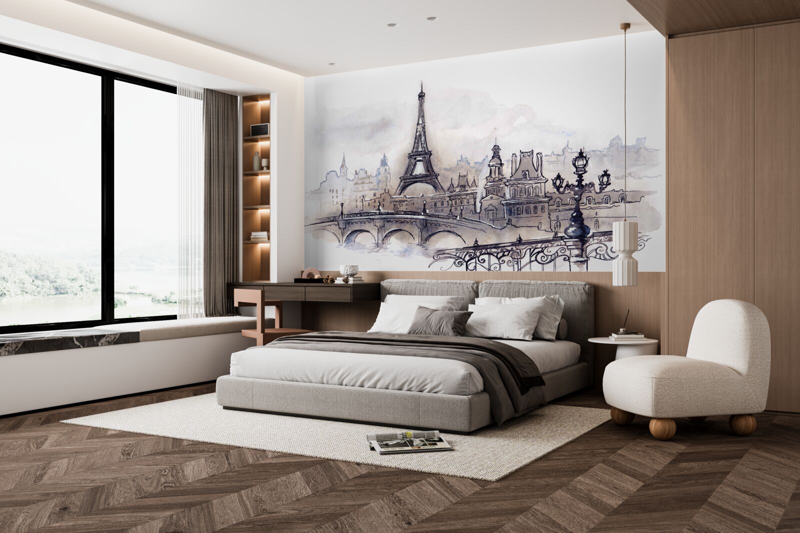 Papier peint tour eiffel et croquis architecturaux au crayon