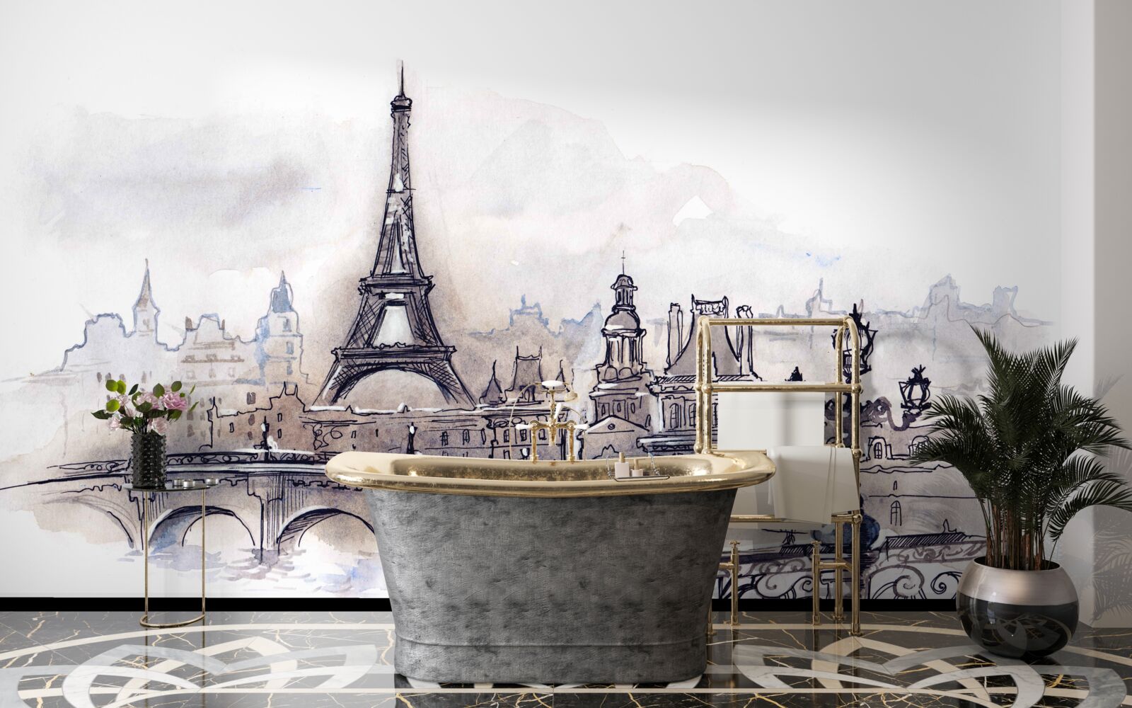 Papier peint tour eiffel et croquis architecturaux au crayon