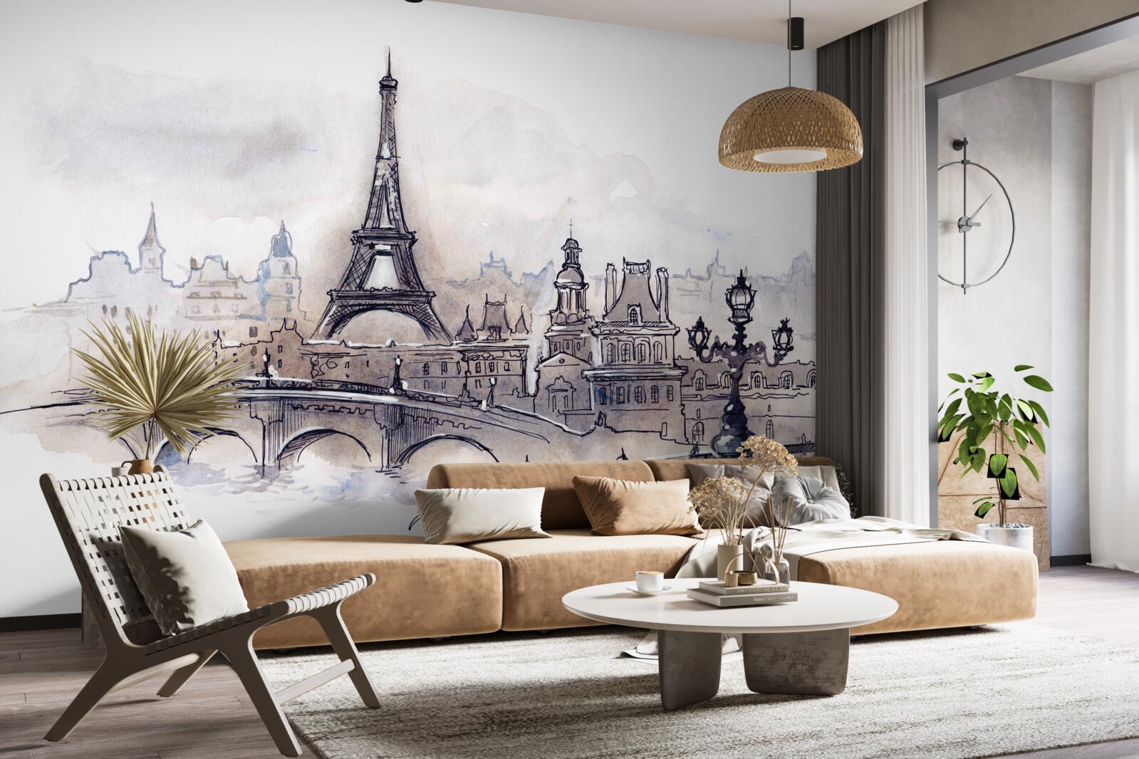 Papier peint tour eiffel et croquis architecturaux au crayon