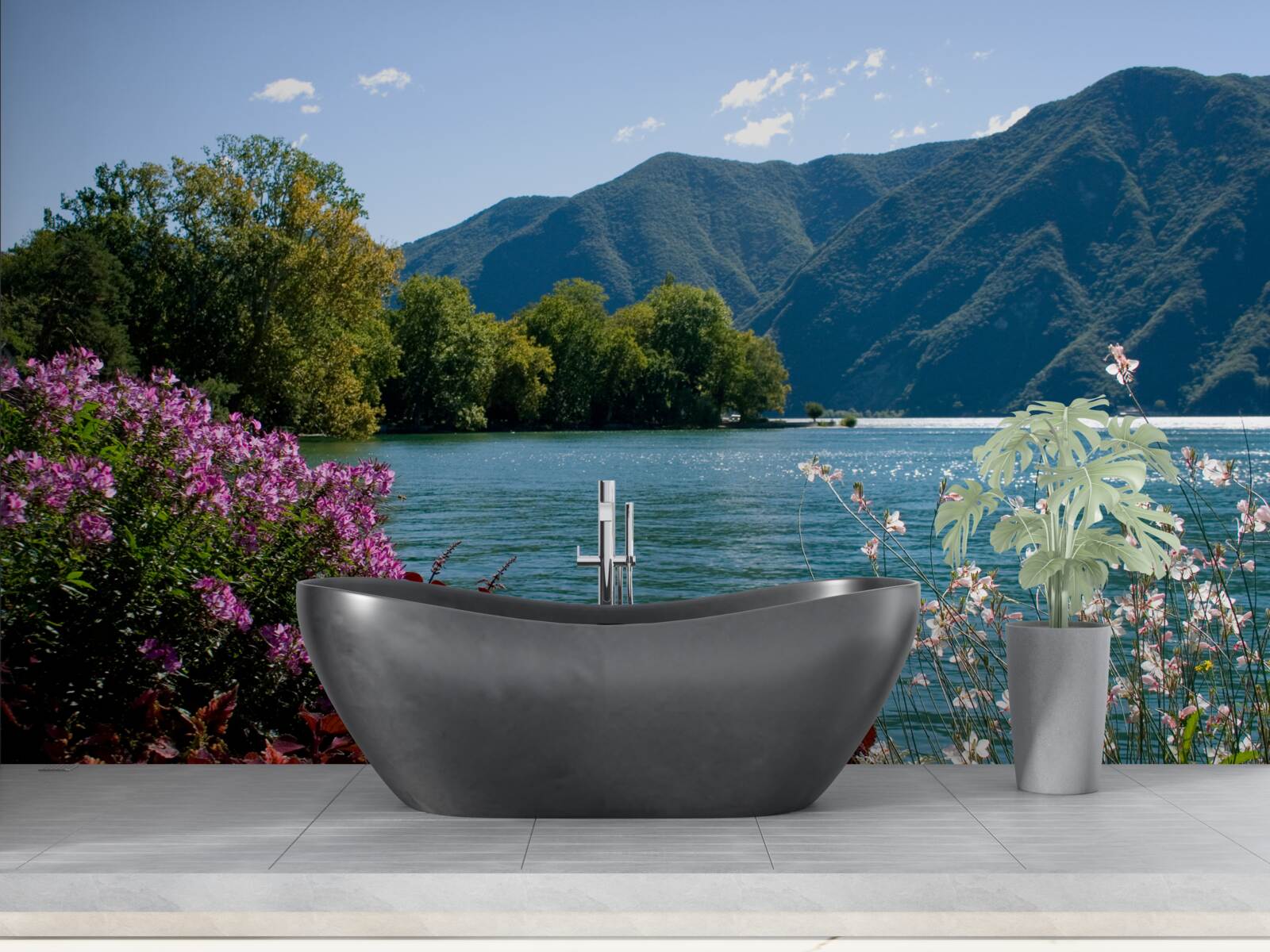 Papier peint lac de montagne paisible et plantes d'été en fleurs