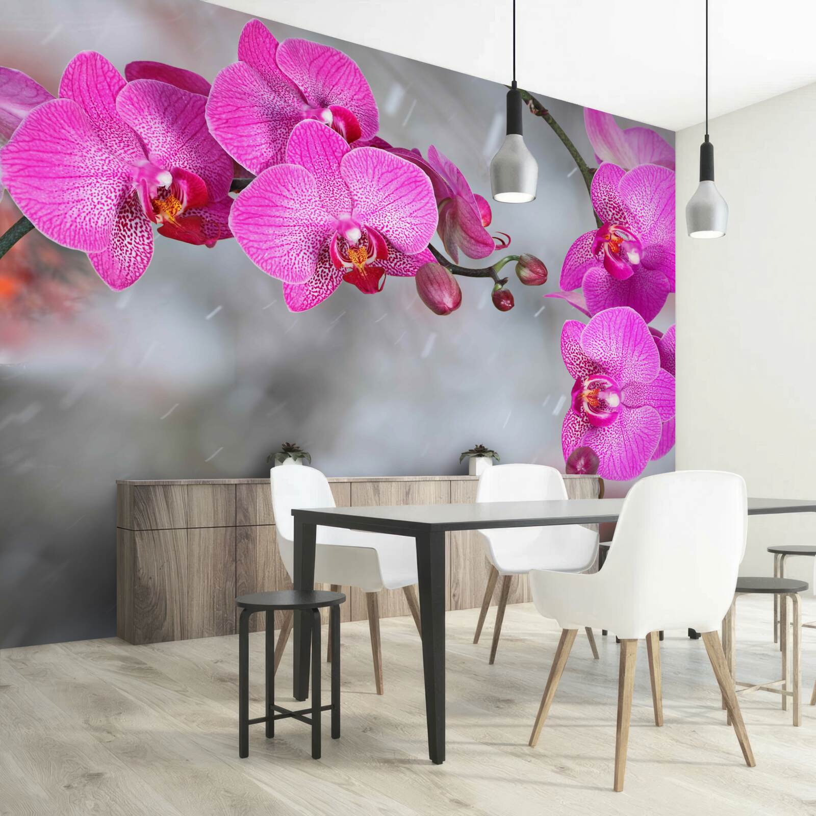 Papier peint des orchidées roses fleurissent sous la pluie