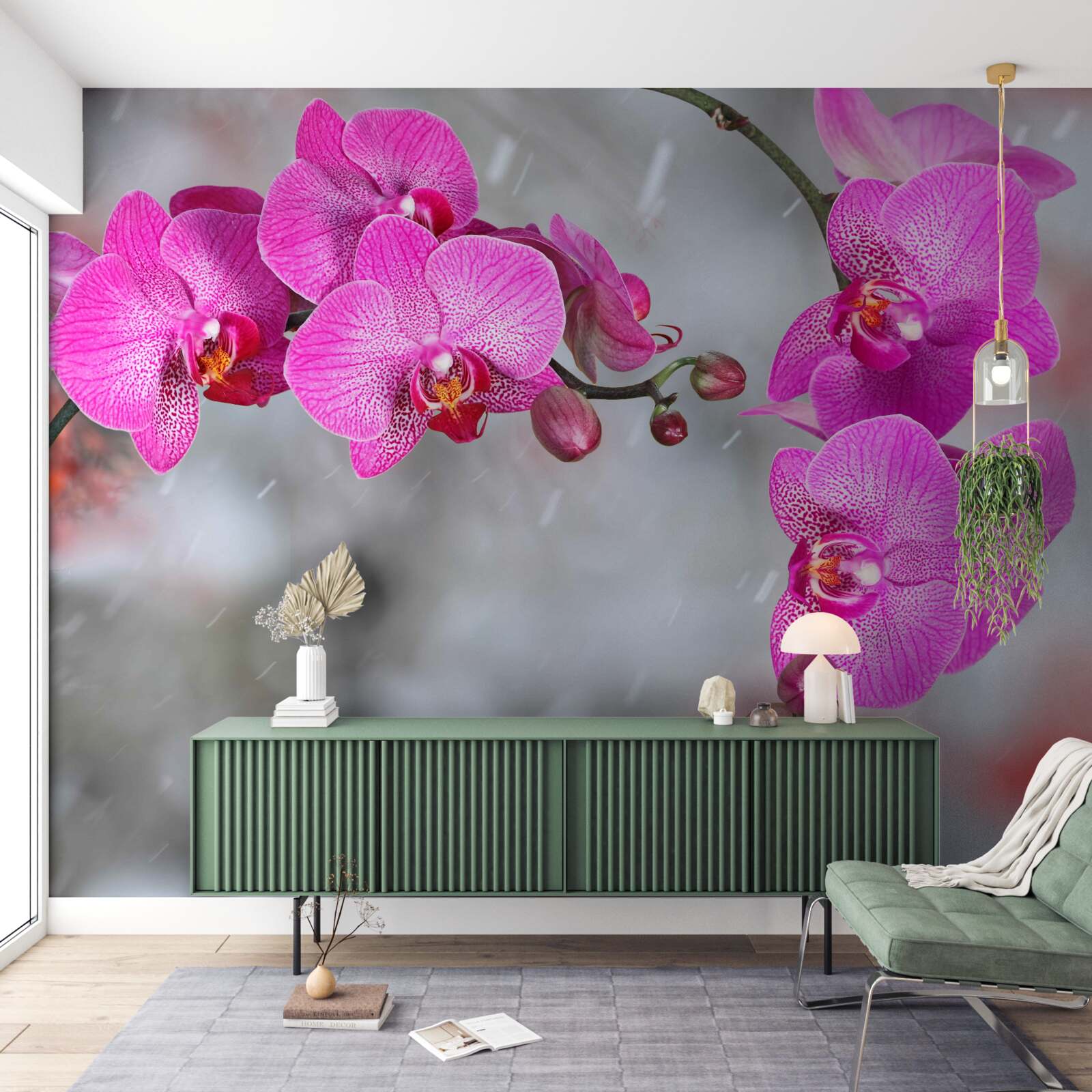 Papier peint des orchidées roses fleurissent sous la pluie