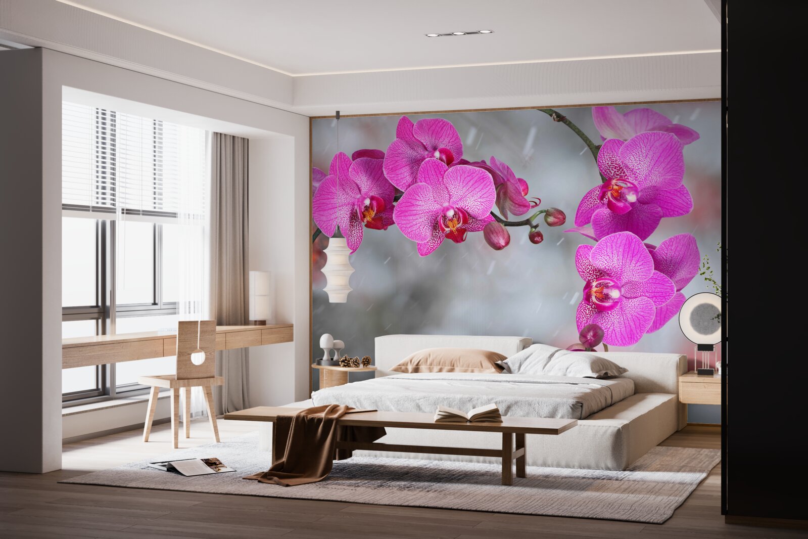 Papier peint des orchidées roses fleurissent sous la pluie